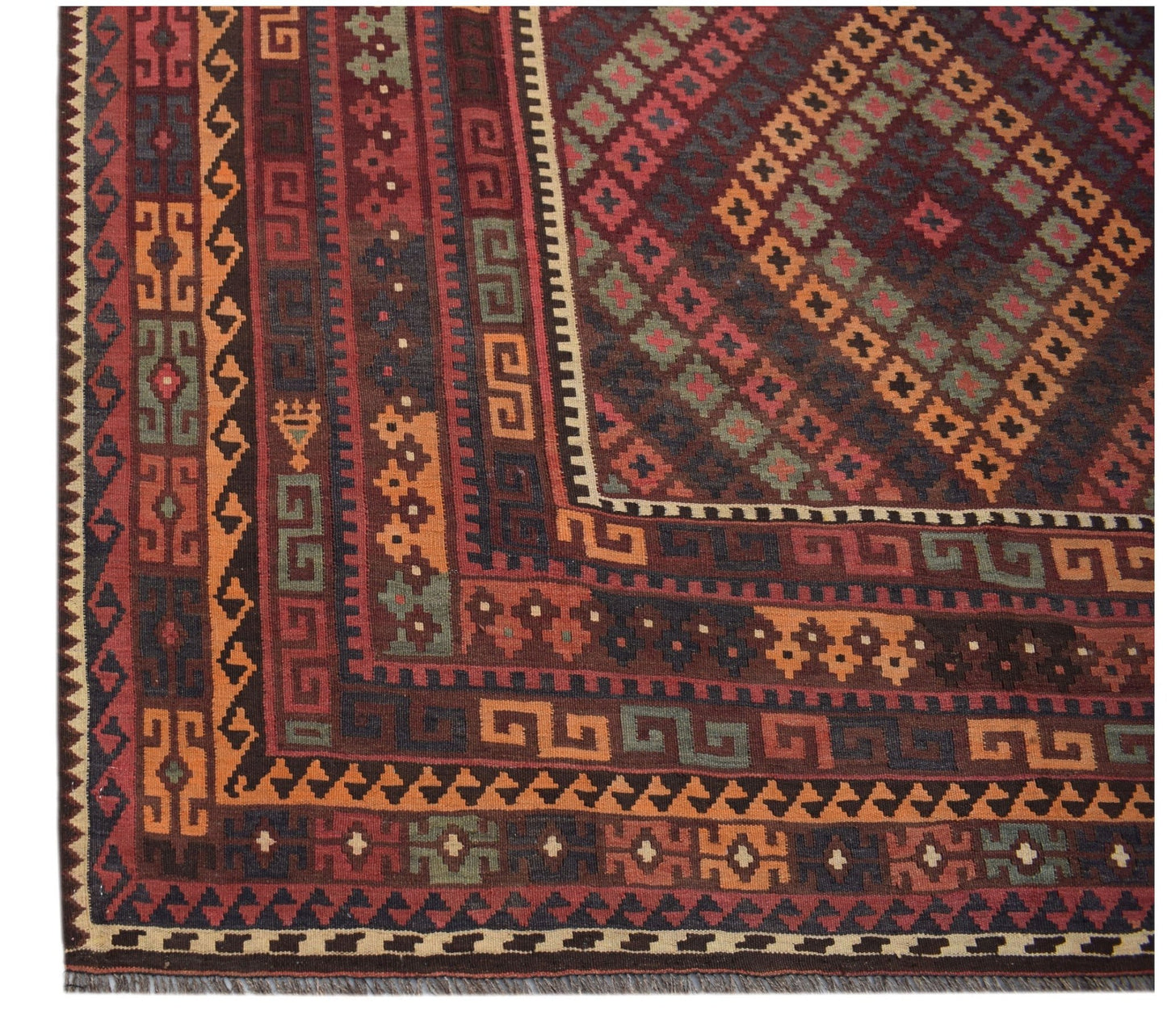 Handwoven Afghan Maimana kilim rug featuring a geometric pattern in red, orange, and green tones.