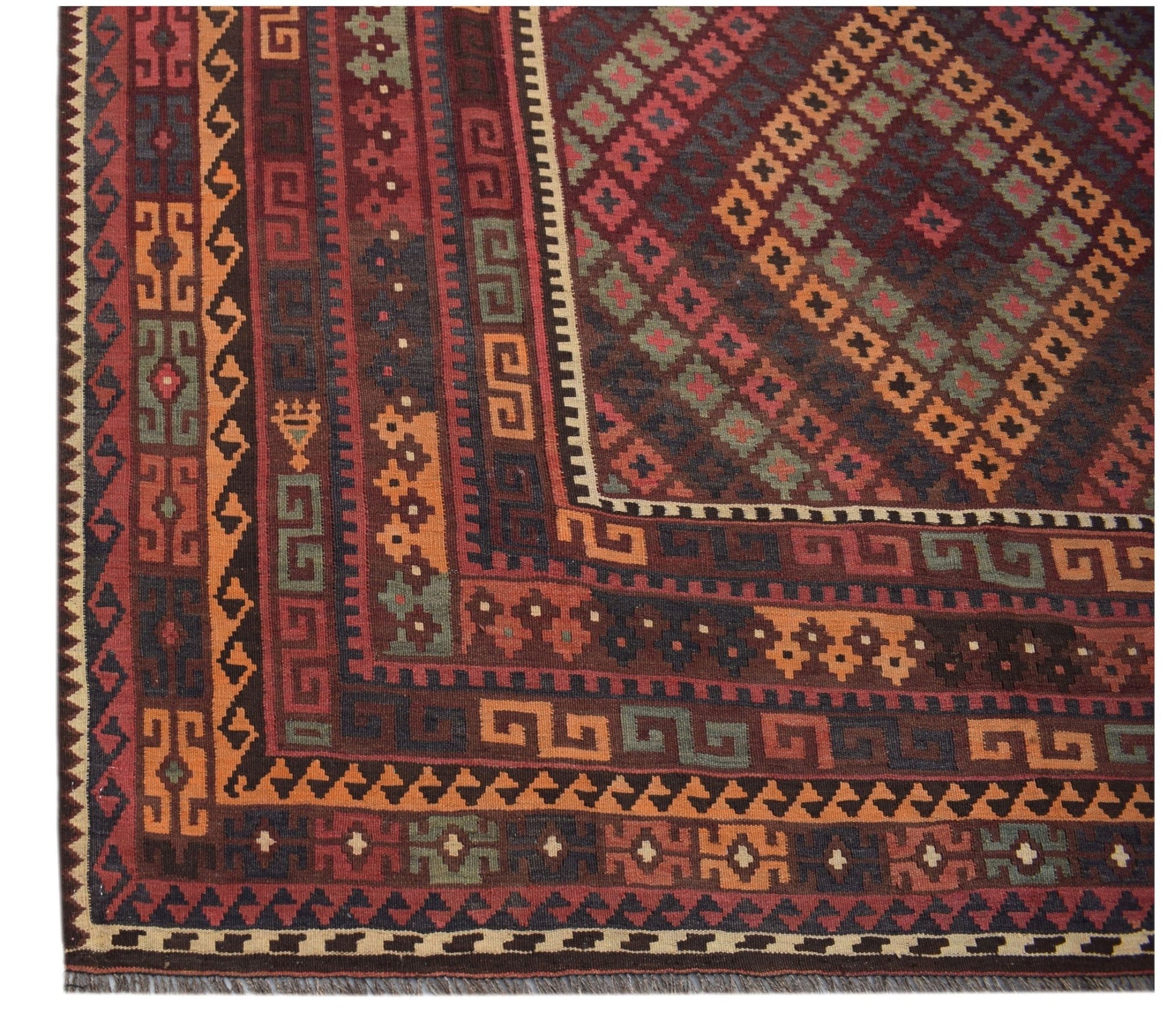 Handwoven Afghan Maimana kilim rug featuring a geometric pattern in red, orange, and green tones.