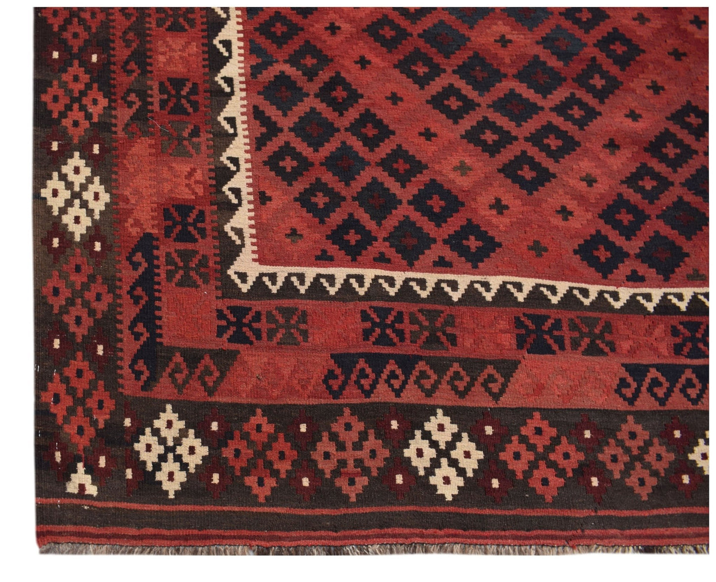 Handwoven Afghan Maimana kilim featuring a geometric diamond pattern in red and dark blue wool.