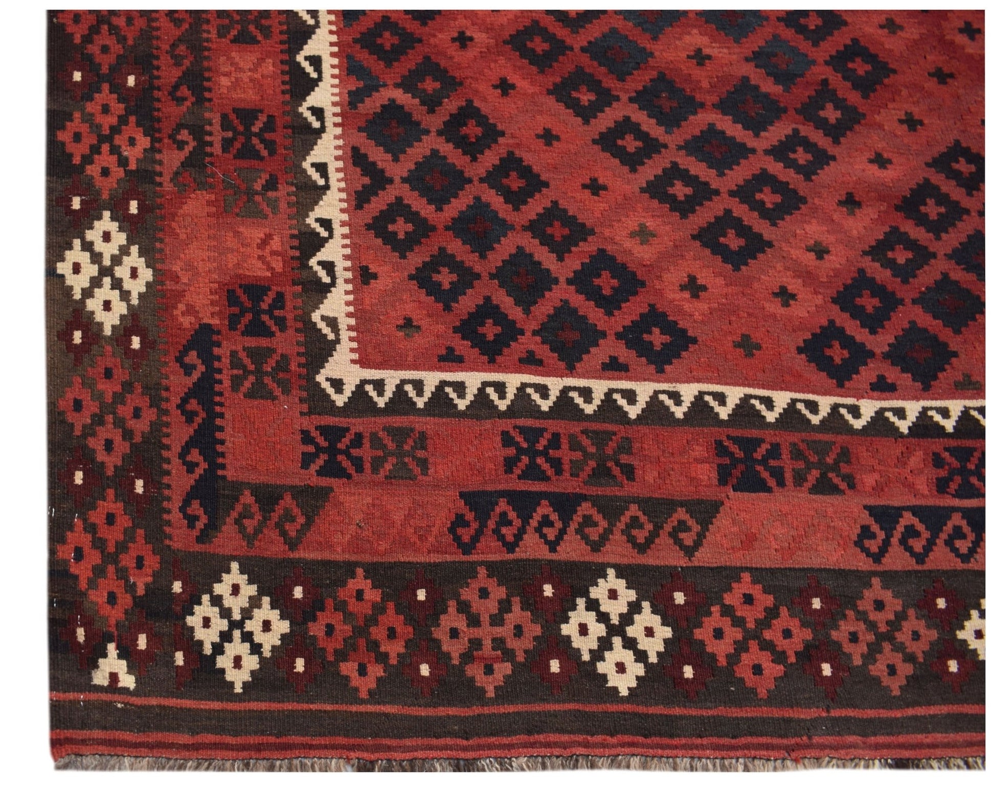 Handwoven Afghan Maimana kilim featuring a geometric diamond pattern in red and dark blue wool.