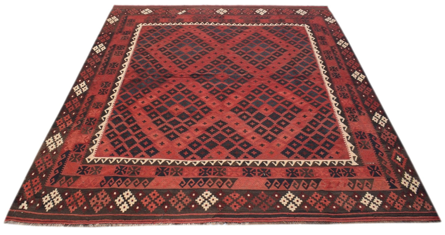 Handwoven Afghan Maimana kilim rug featuring a red field with dark geometric diamond patterns.