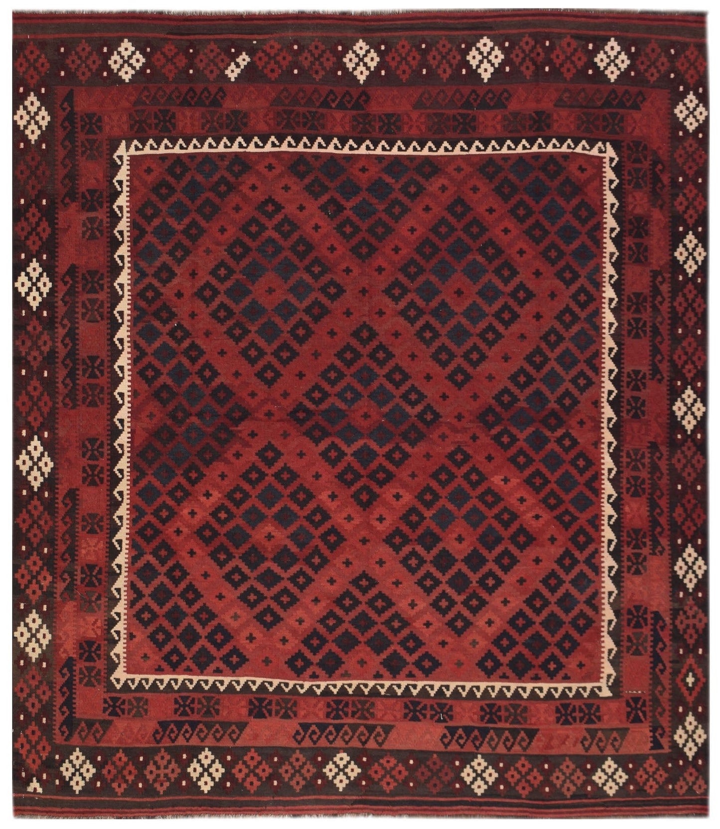 Handwoven Afghan Maimana kilim featuring a red field with a dark geometric diamond pattern.