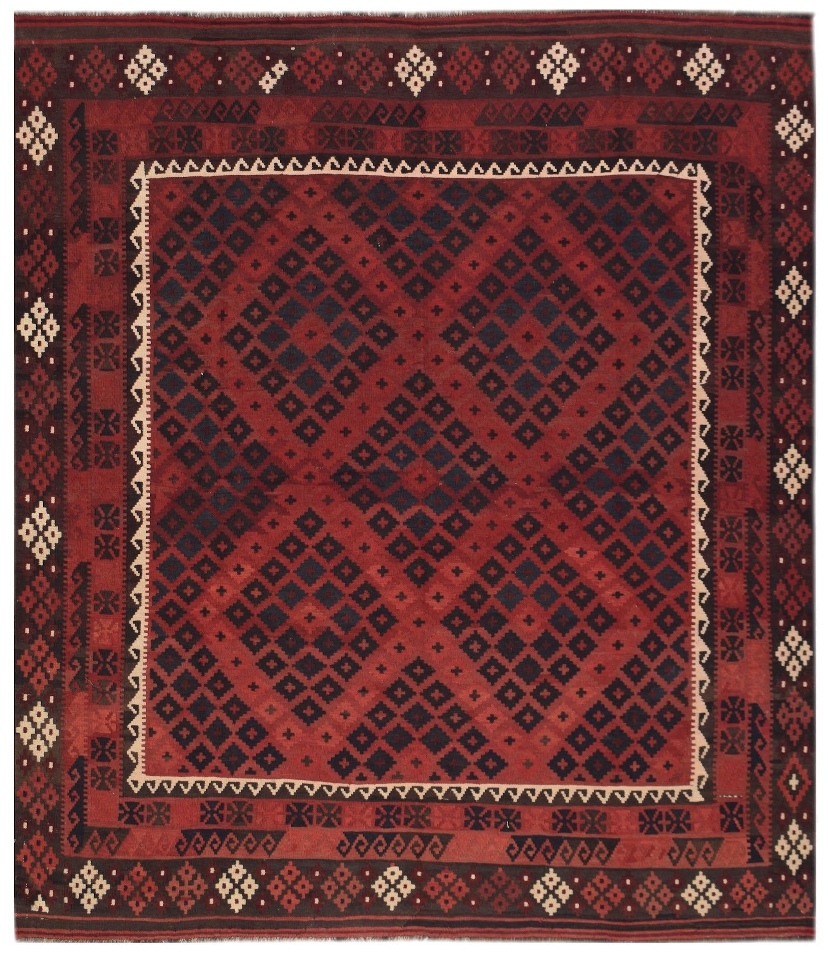 Handwoven Afghan Maimana kilim featuring a red field with a dark geometric diamond pattern.