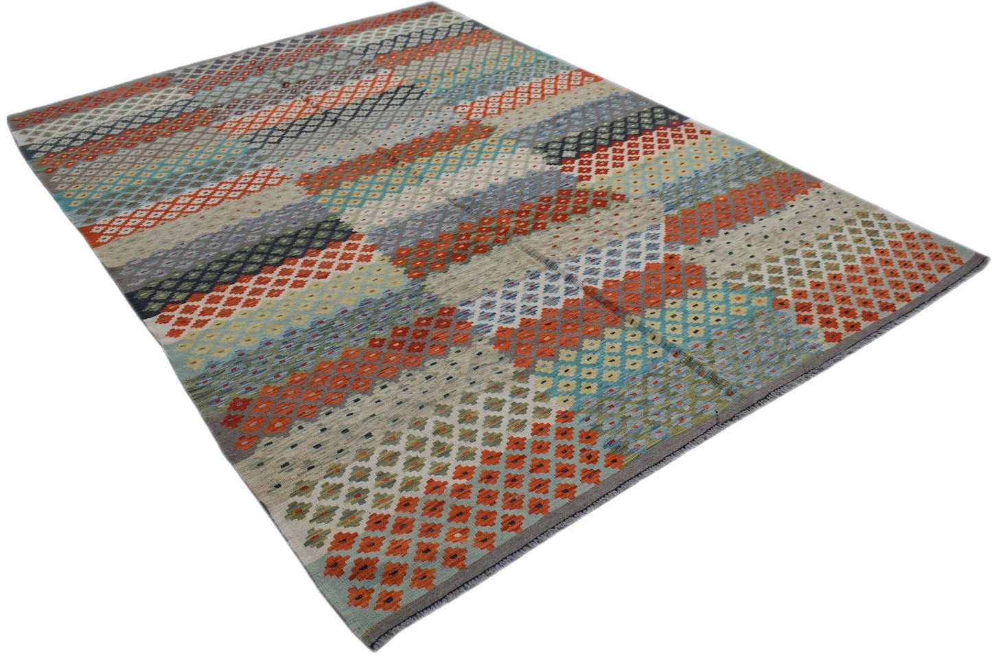 Handwoven Afghan Maimana kilim rug featuring a geometric pattern in orange, blue, and grey tones.