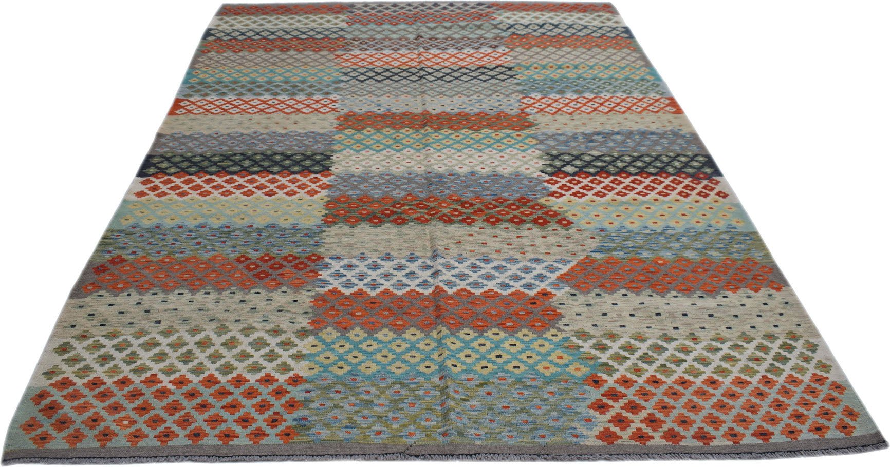 Handwoven Afghan Maimana kilim rug featuring a colorful geometric pattern in a flatweave style.