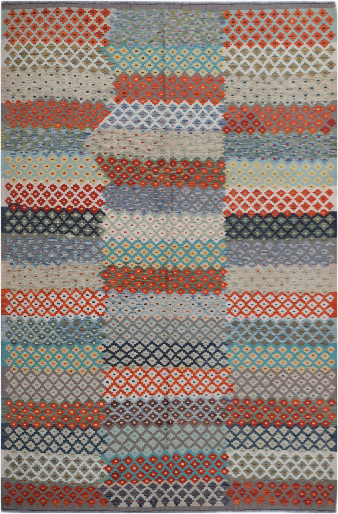 Handwoven Afghan Maimana kilim rug featuring a colorful geometric pattern in a flatweave design.