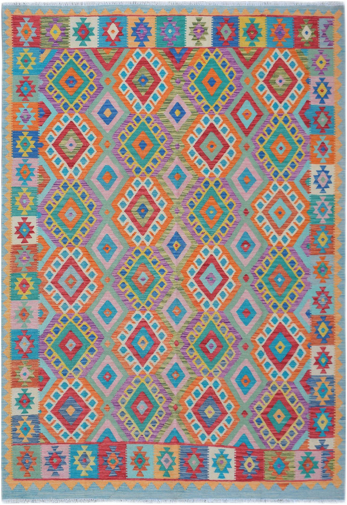 Handwoven Afghan Maimana kilim rug featuring a vibrant, multicolored geometric diamond pattern.