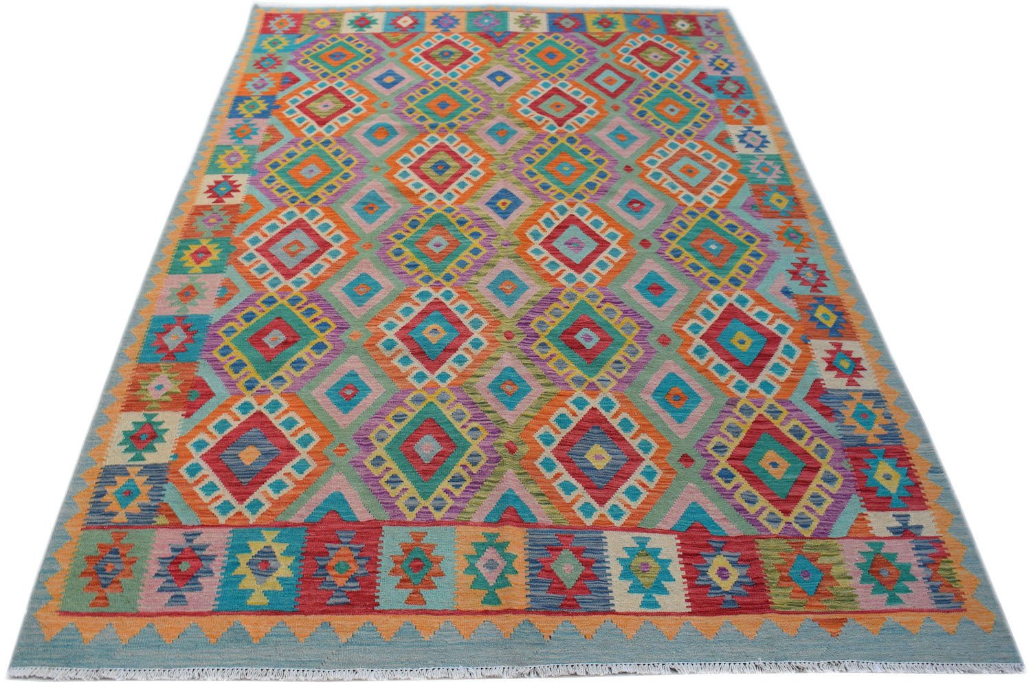 Handwoven Afghan Maimana kilim rug featuring a vibrant geometric diamond pattern in wool.