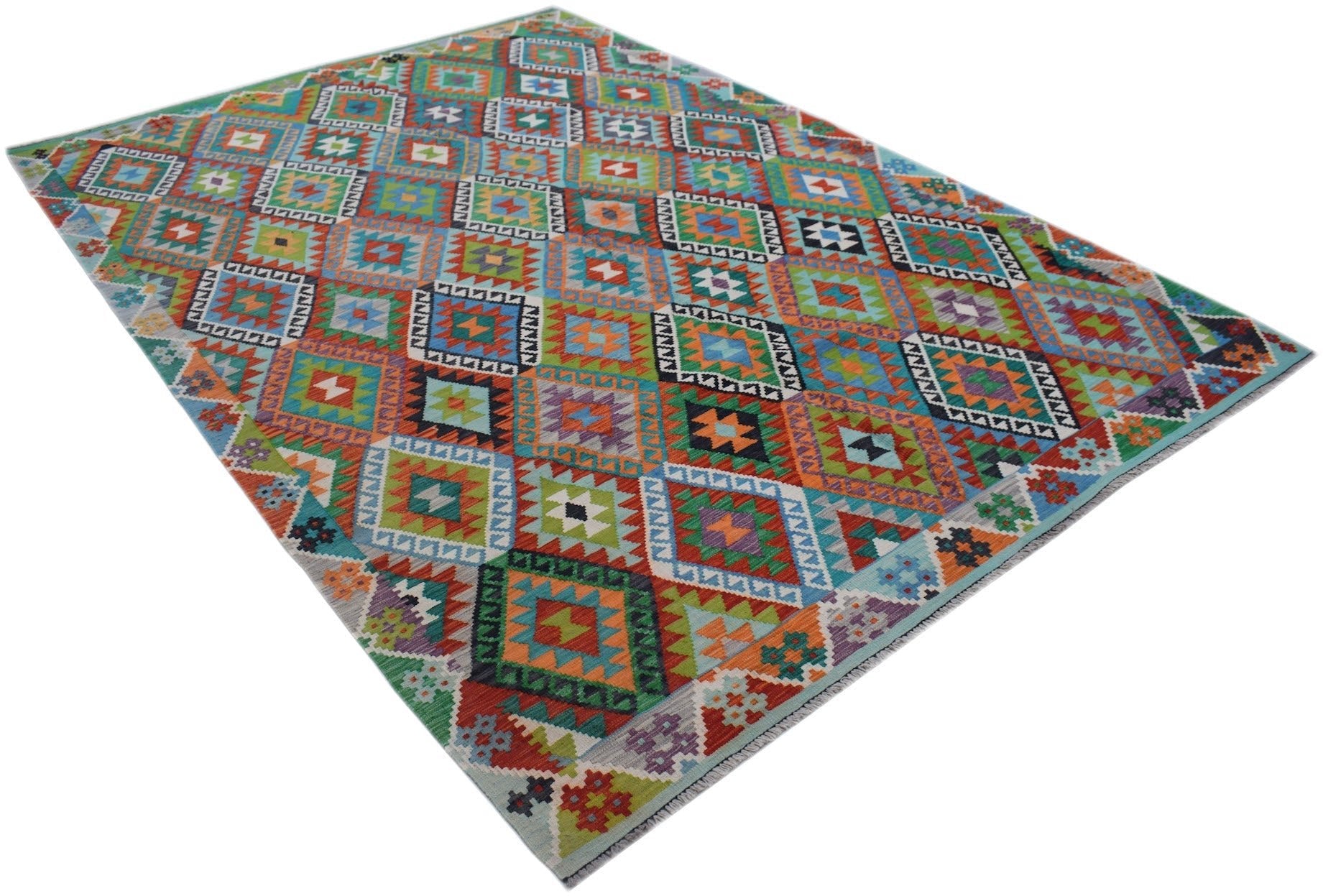 A handmade Afghan Maimana kilim rug featuring a vibrant, multi-colored geometric diamond pattern.
