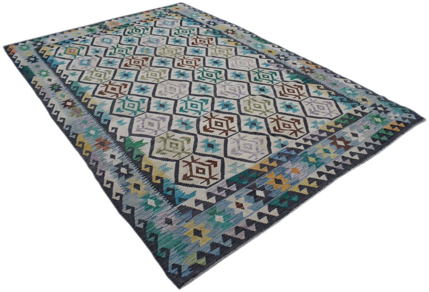 Handwoven Afghan Maimana kilim rug featuring a geometric diamond pattern in multicolored wool.