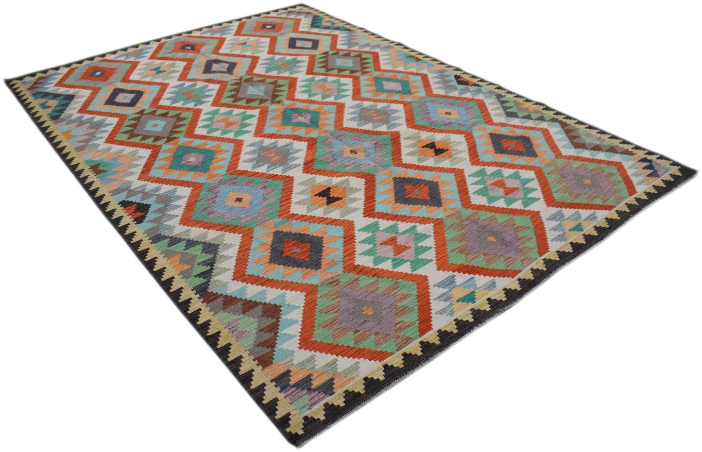 Handwoven Afghan Maimana kilim rug featuring a colorful geometric diamond pattern in wool.