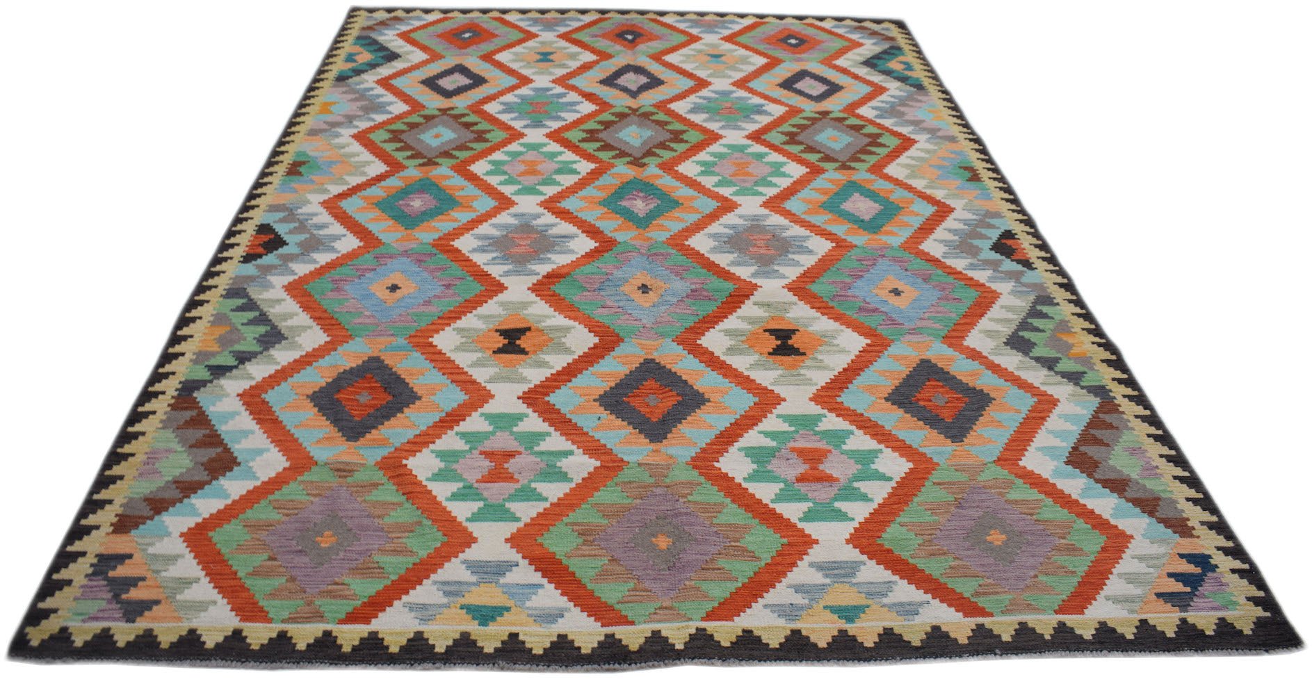 Handwoven Afghan Maimana kilim rug featuring a colorful geometric diamond pattern in wool.
