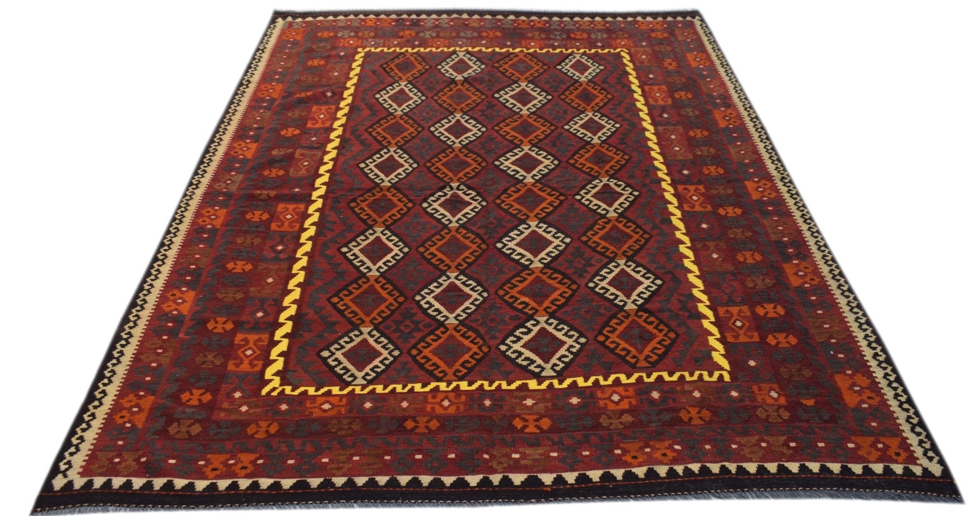 Handwoven Afghan Maimana kilim rug featuring a geometric diamond pattern in red and yellow tones.