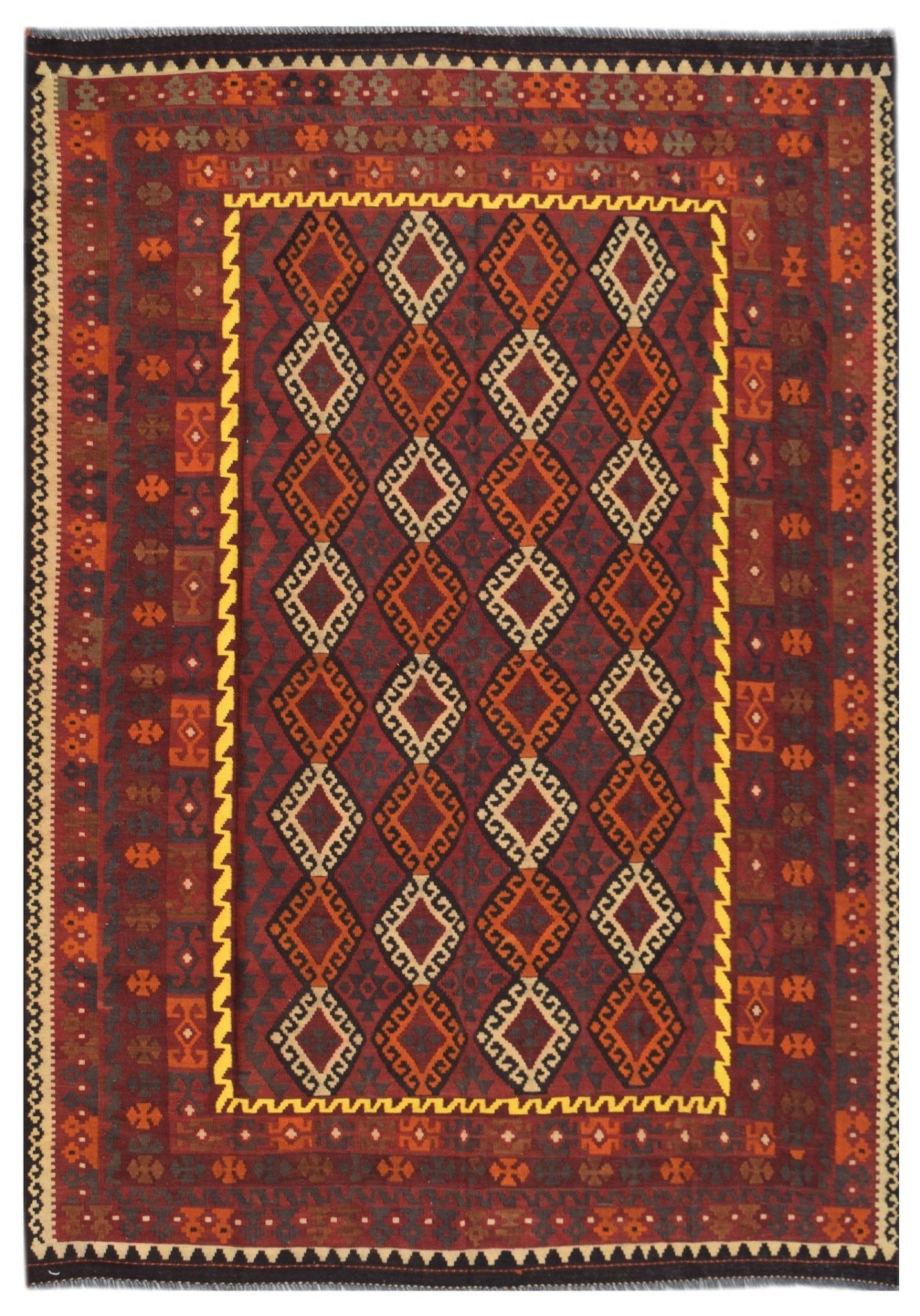 Handwoven Afghan Maimana kilim rug featuring a geometric diamond pattern in red and orange tones.