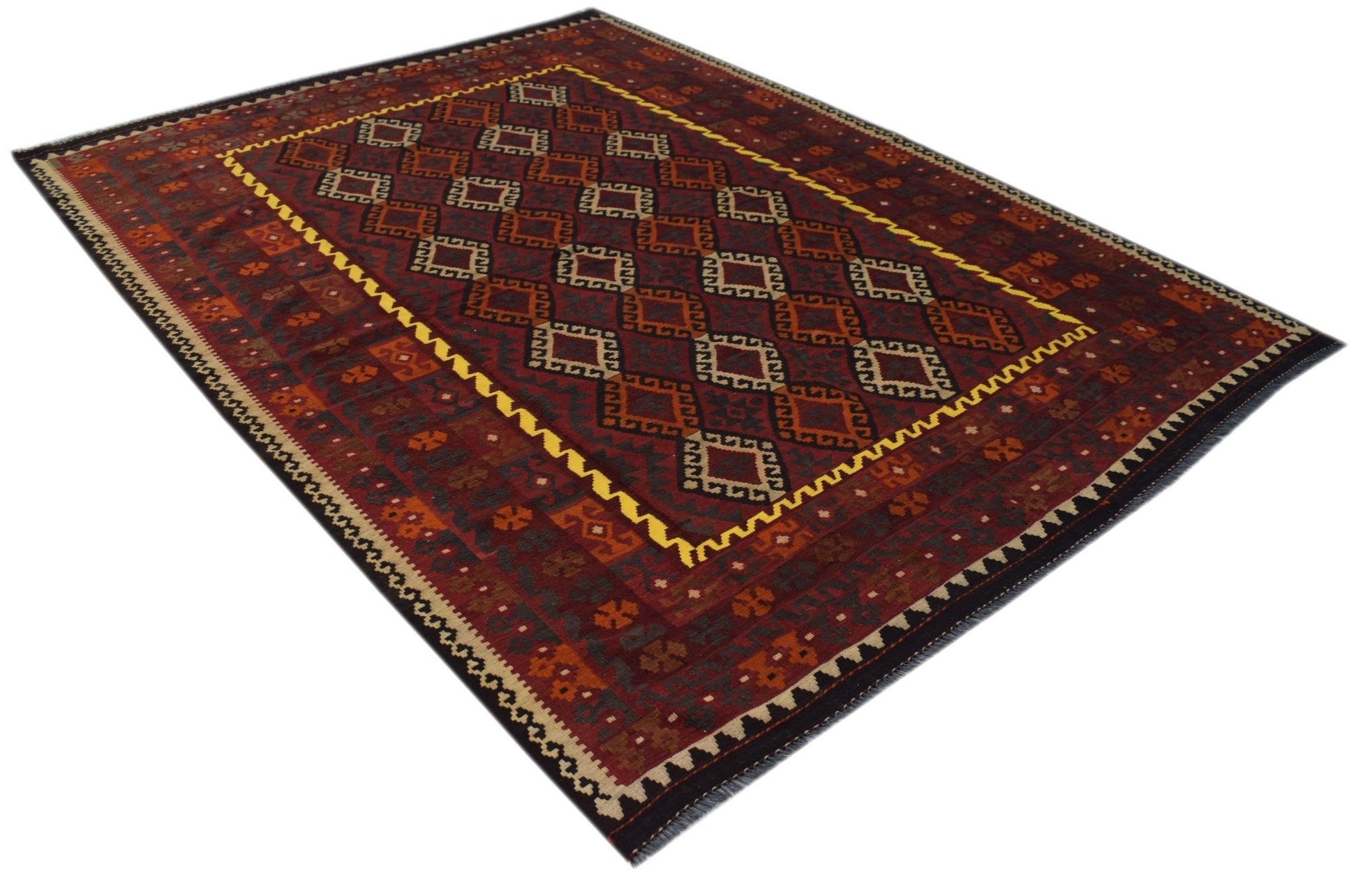 Handwoven Afghan Maimana kilim rug featuring a geometric diamond pattern in red and cream tones.