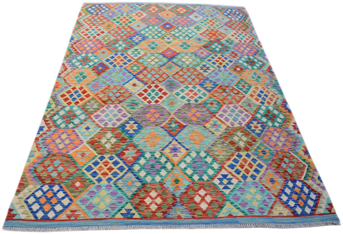 Handmade Afghan Maimana kilim rug featuring a vibrant, multicolored geometric diamond pattern.