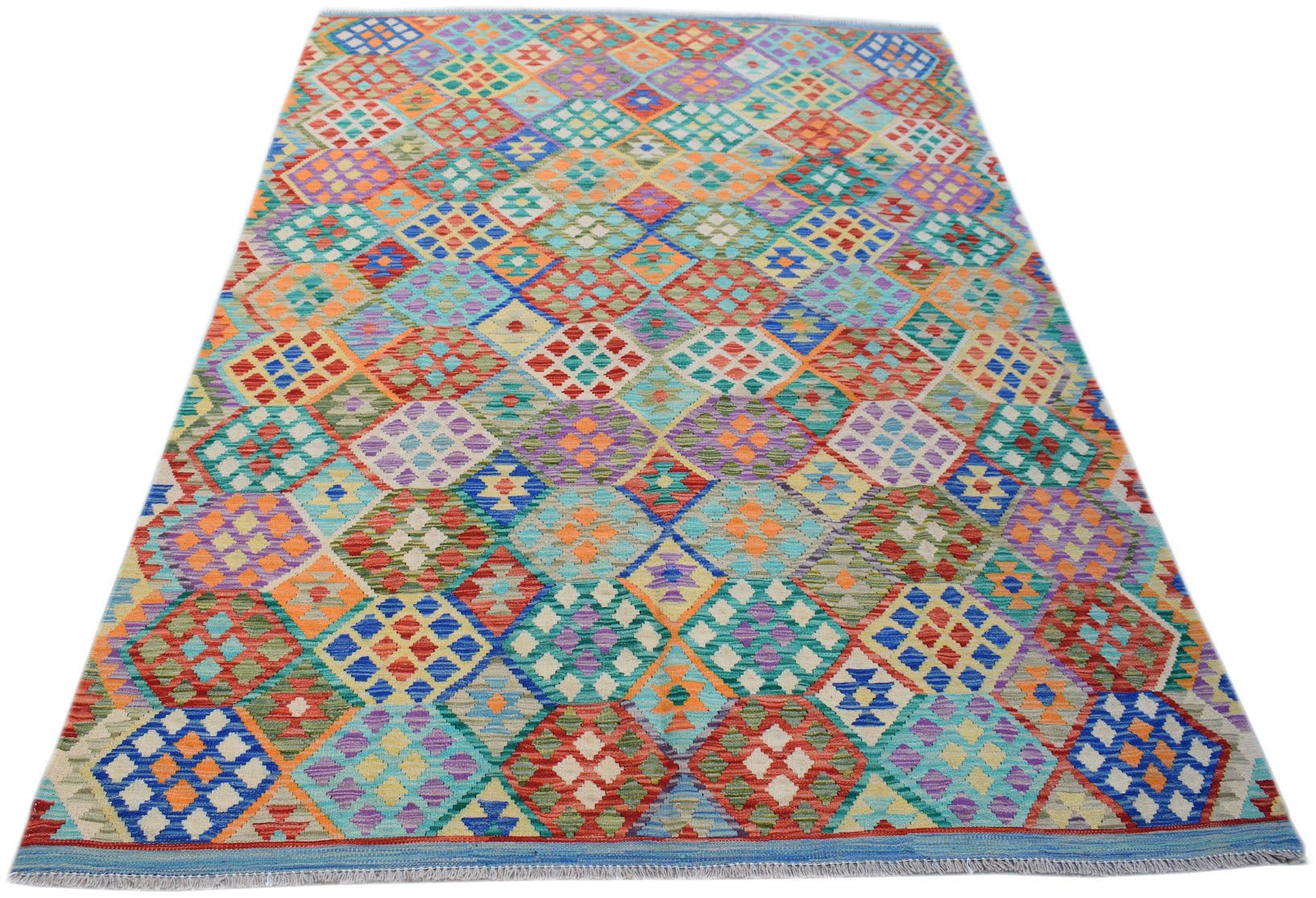 Handmade Afghan Maimana kilim rug featuring a vibrant, multicolored geometric diamond pattern.