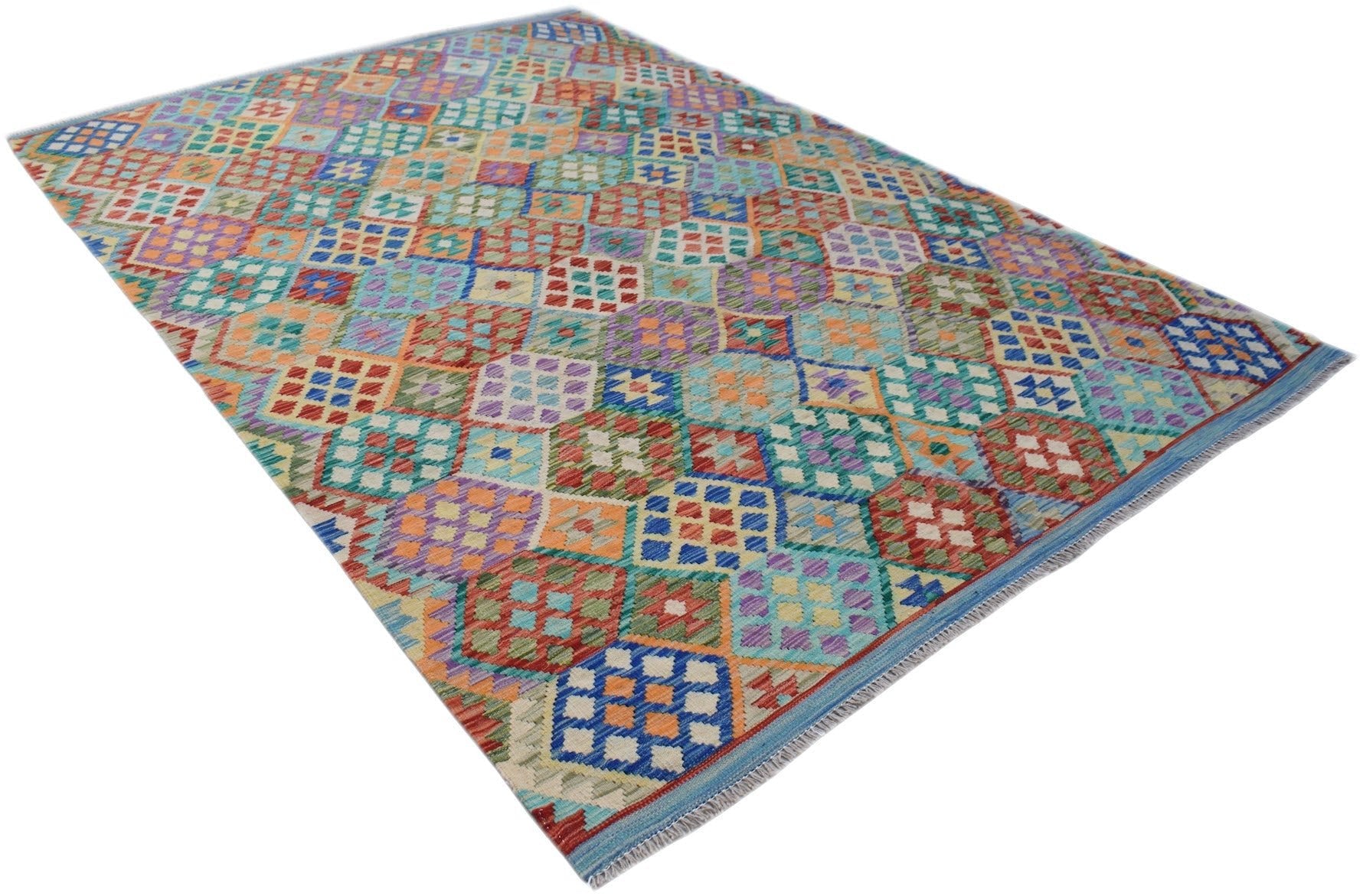 Handwoven Afghan Maimana kilim rug featuring a colorful geometric pattern in wool.