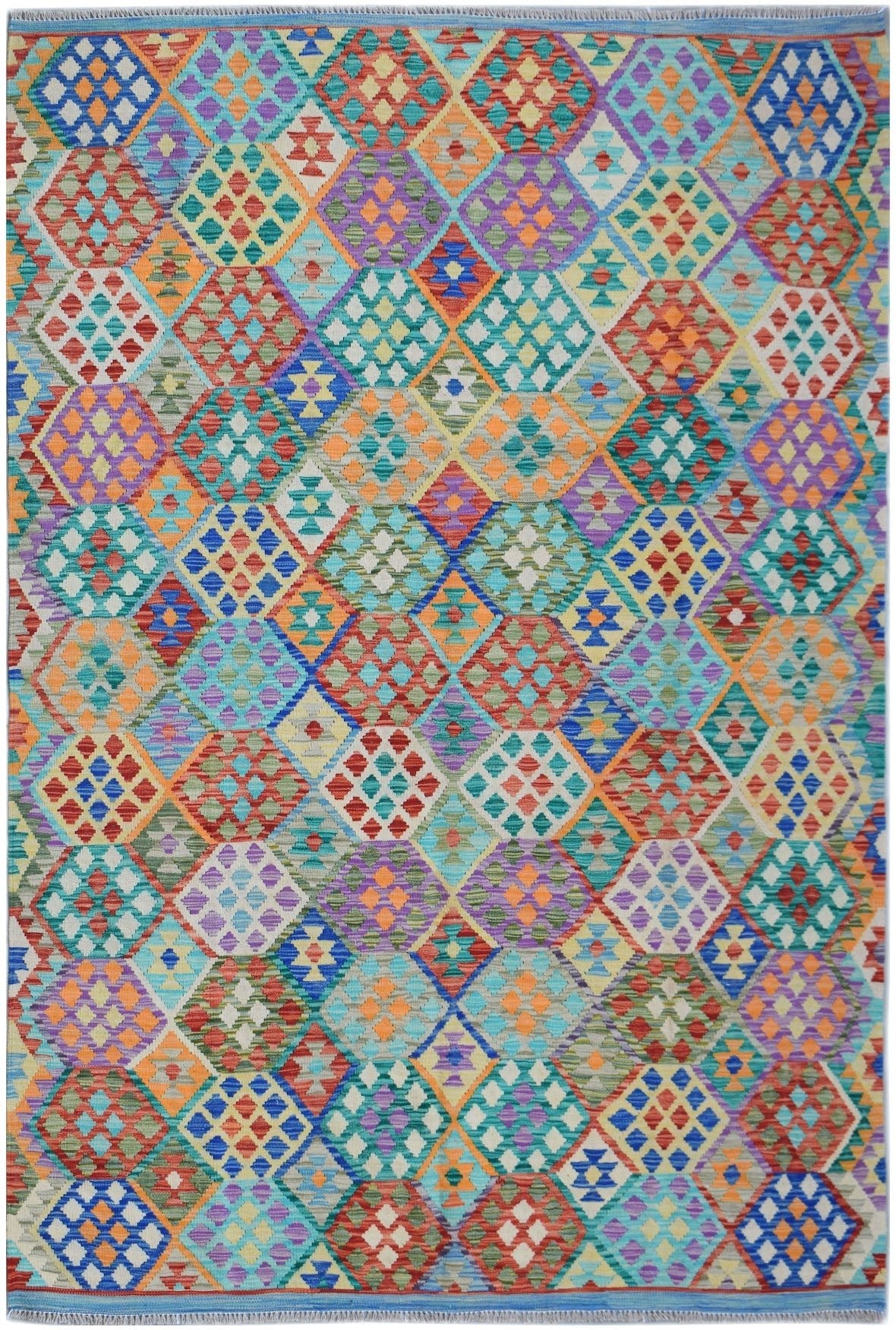 Handwoven Afghan Maimana kilim rug featuring a vibrant, multicolored geometric diamond pattern.