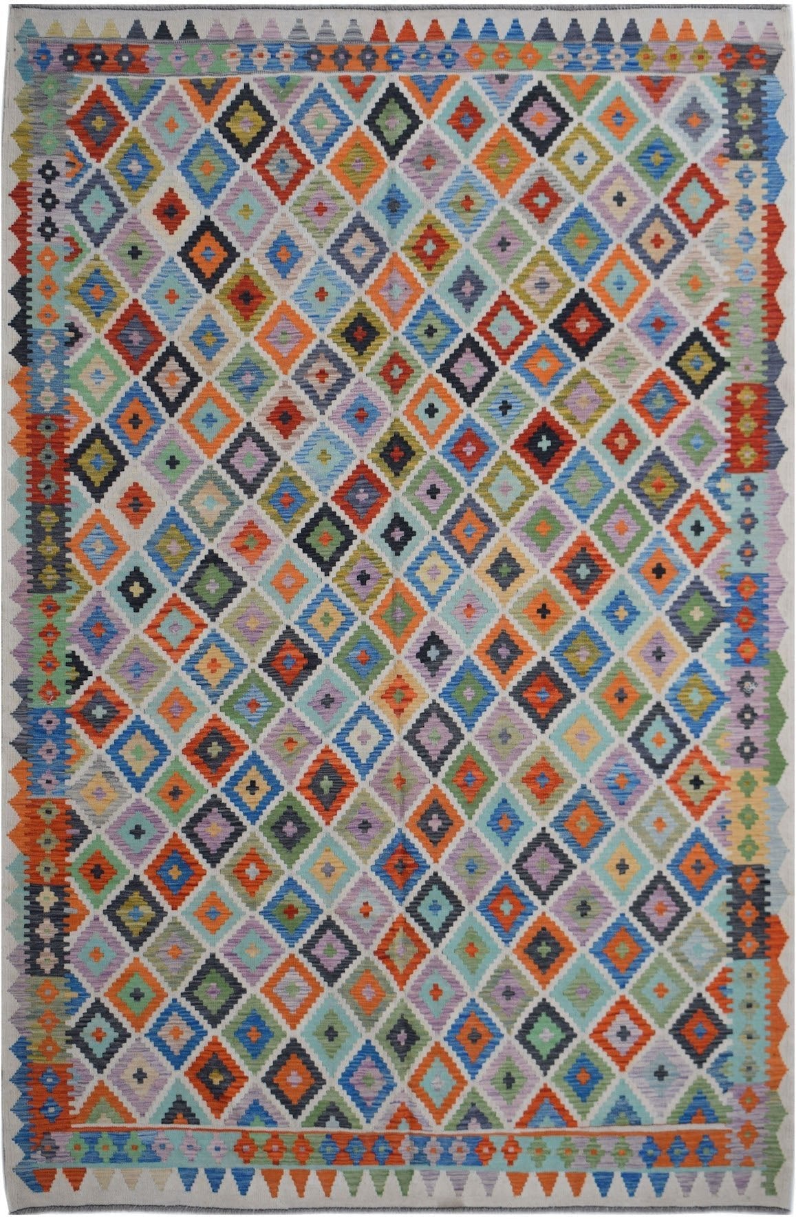 Handwoven Afghan Maimana kilim rug featuring a colorful geometric diamond pattern in wool.