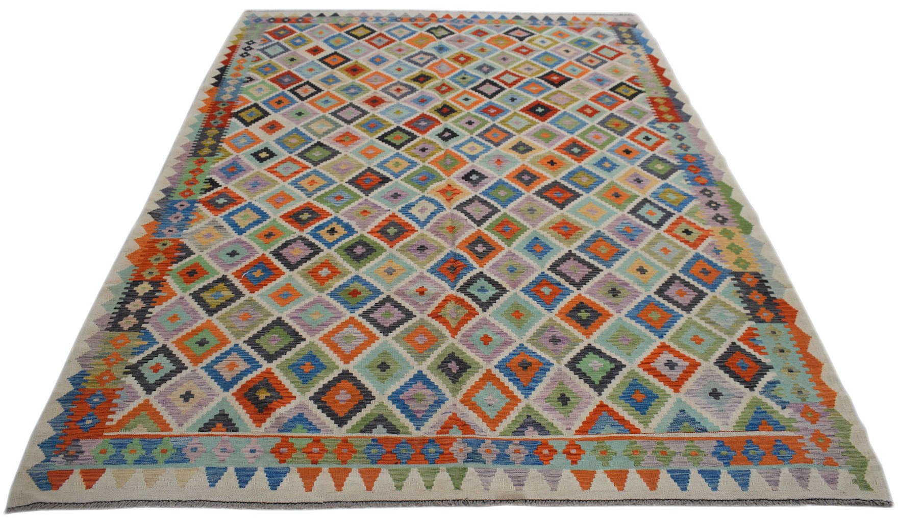 Handmade Afghan Maimana kilim rug featuring a colorful geometric diamond pattern in wool.