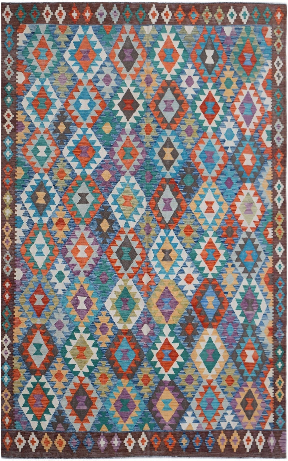 Handwoven Afghan Maimana kilim rug featuring a vibrant, multicolored geometric diamond pattern.