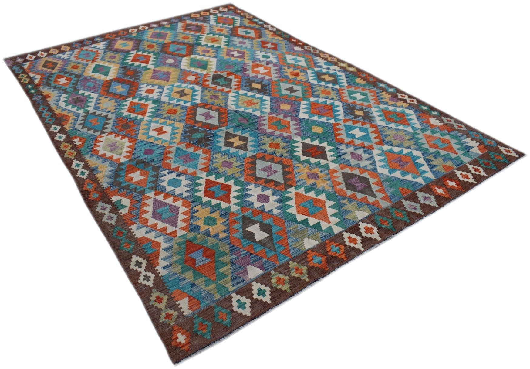 Handwoven Afghan Maimana kilim rug featuring a colorful geometric pattern on a brown border.