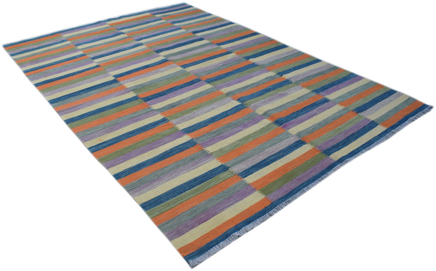 A handmade Afghan Maimana kilim rug featuring a vibrant, multi-colored striped pattern.