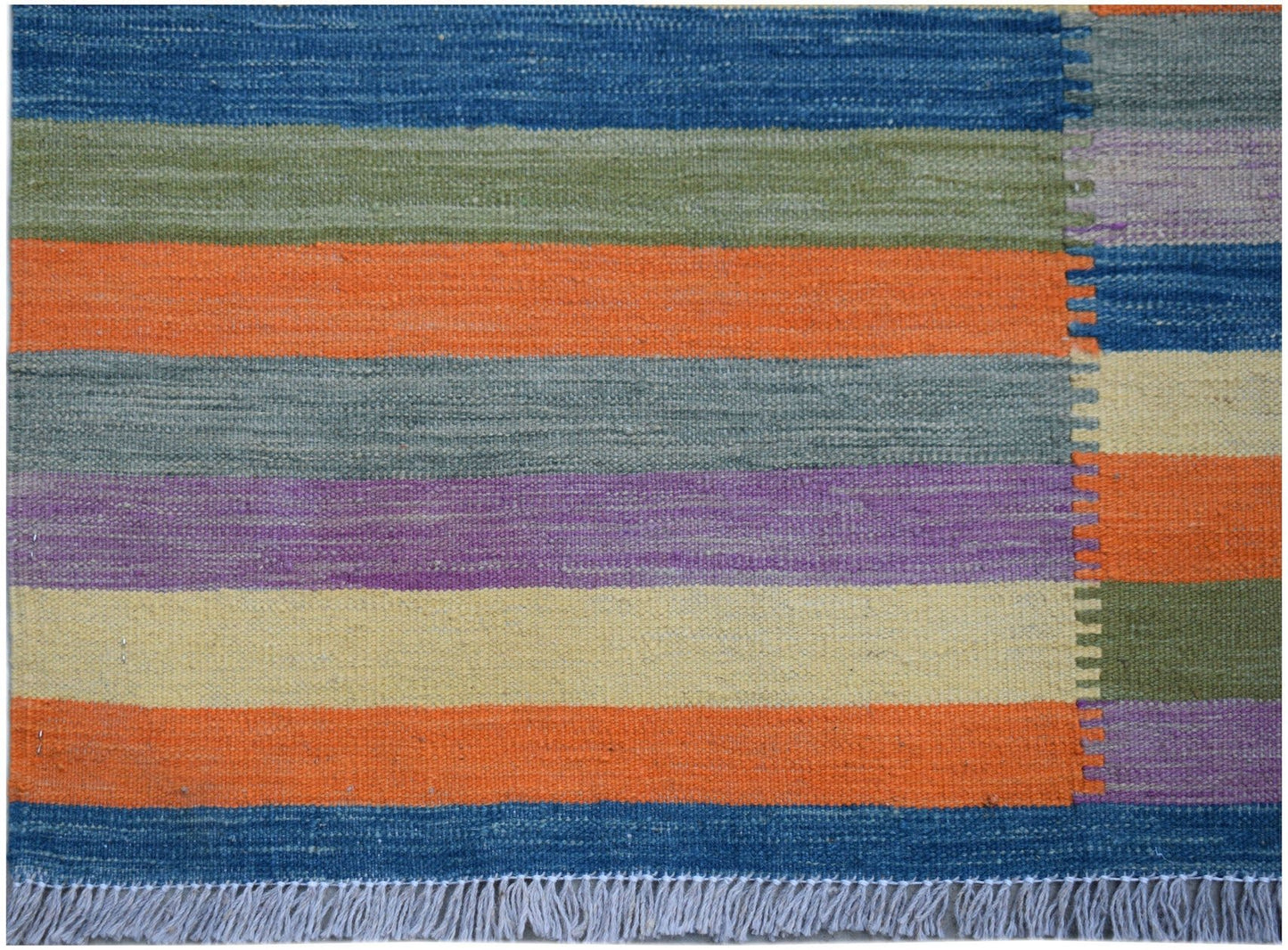 Handwoven Afghan Maimana kilim rug featuring horizontal stripes in blue, green, orange, and purple.