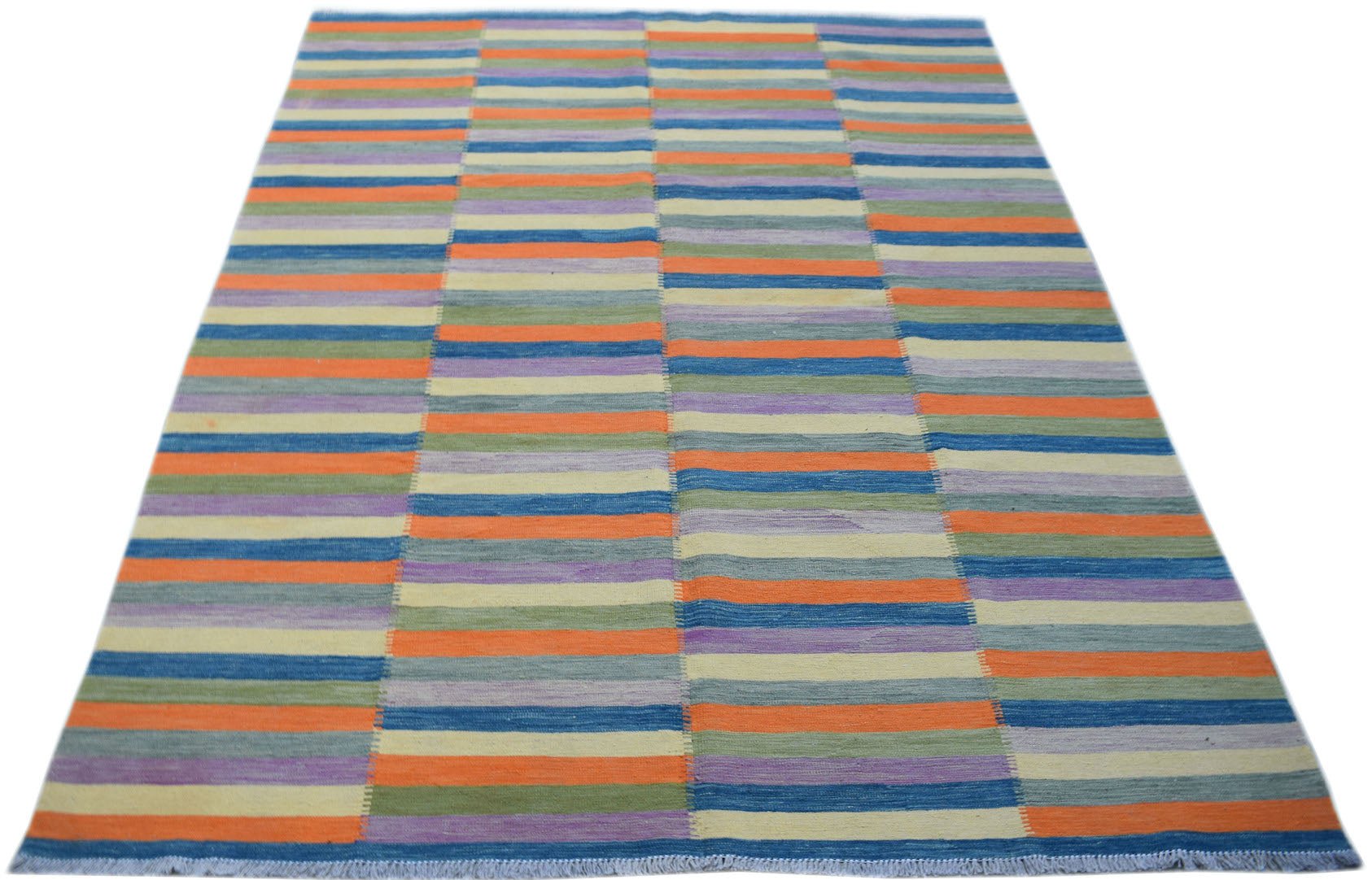 A handmade Afghan Maimana kilim rug featuring a vibrant, multi-colored horizontal striped pattern.