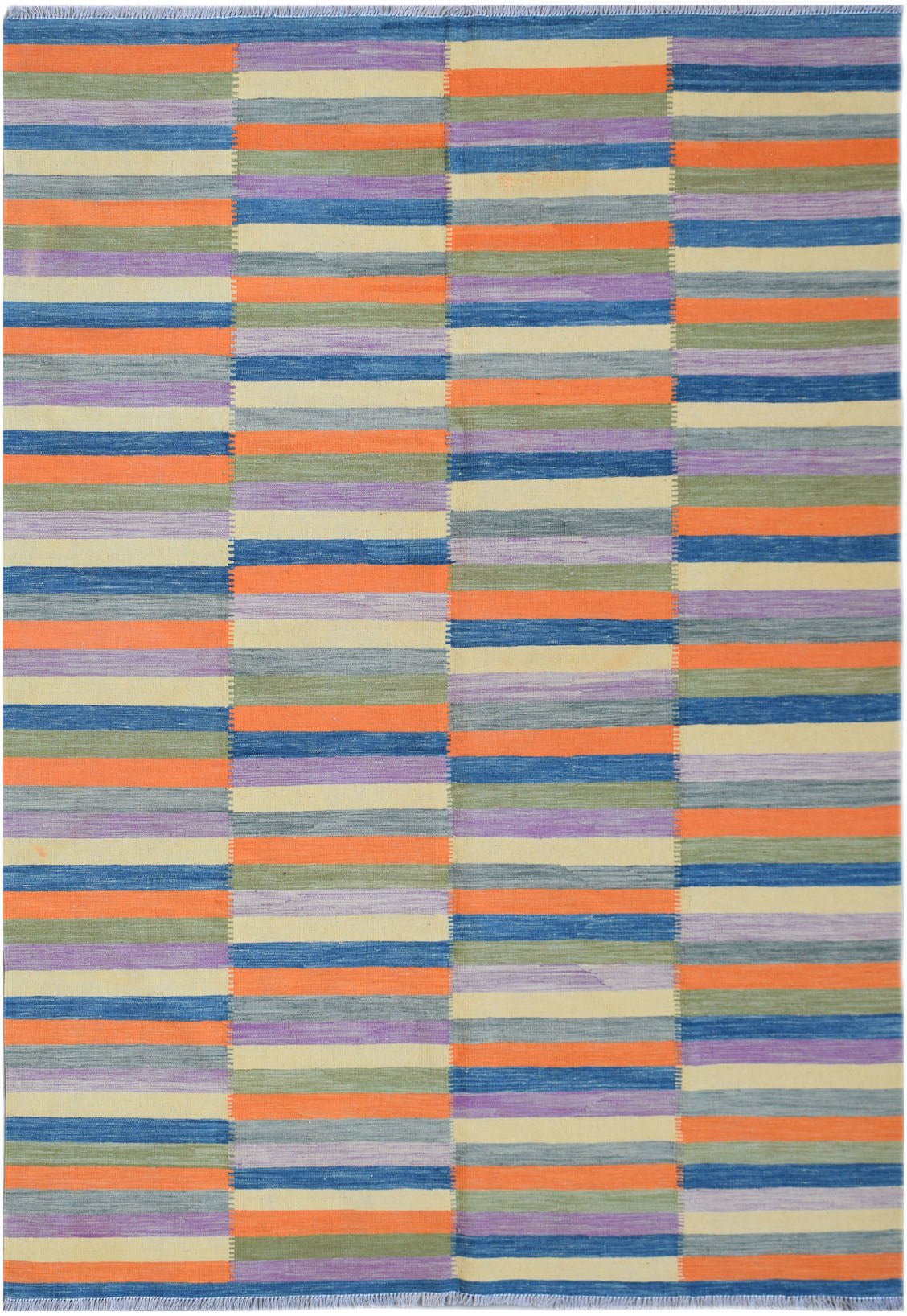 Handwoven Afghan Maimana kilim rug featuring a vibrant pattern of multicolored horizontal stripes.