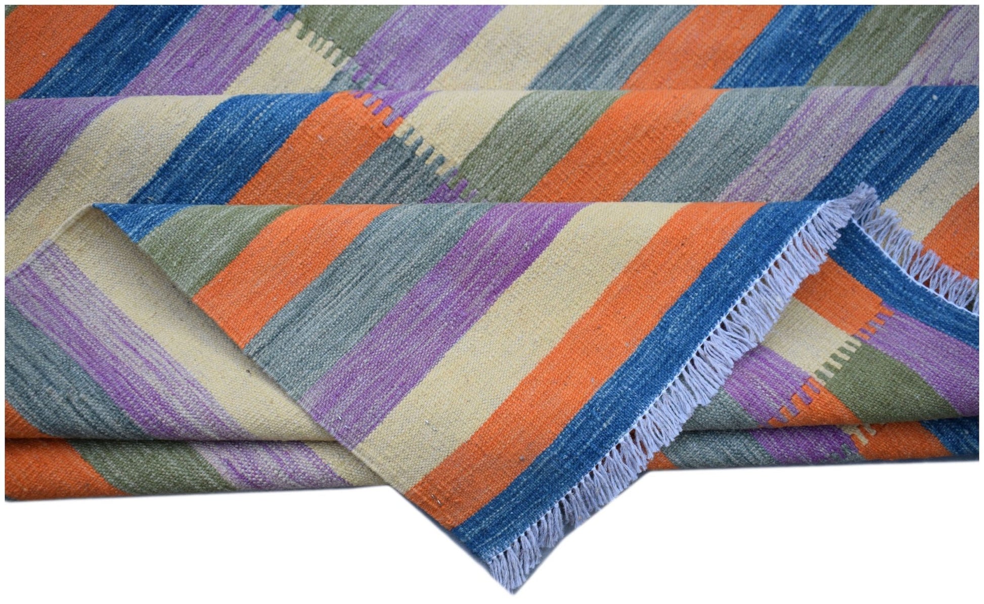 A handwoven Afghan Maimana kilim rug featuring a vibrant striped pattern in wool.