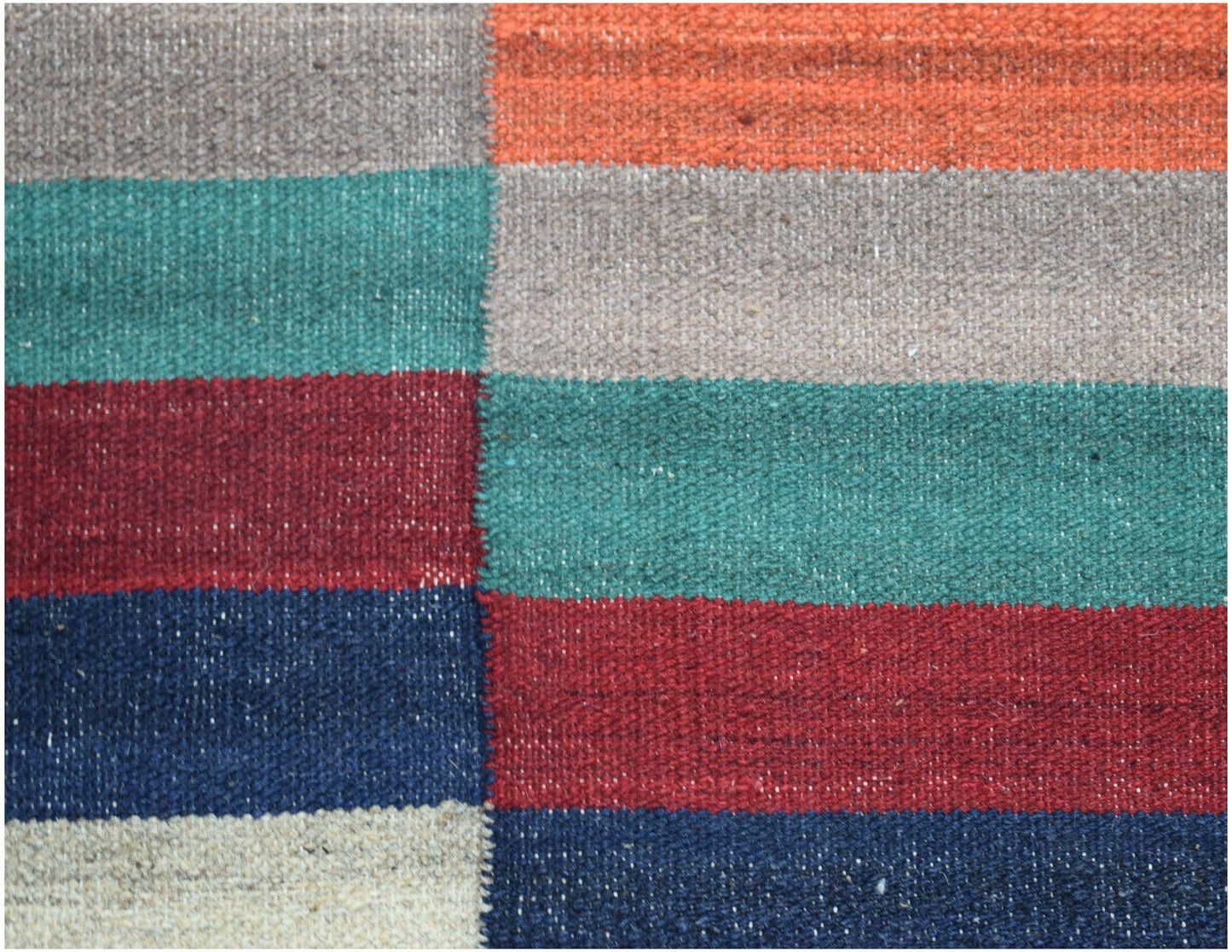 Handwoven Afghan Maimana kilim rug featuring a geometric pattern of colorful horizontal stripes.