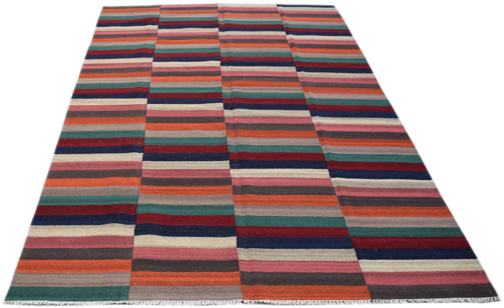 Handwoven Afghan Maimana kilim rug featuring a vibrant, multi-colored horizontal striped pattern.