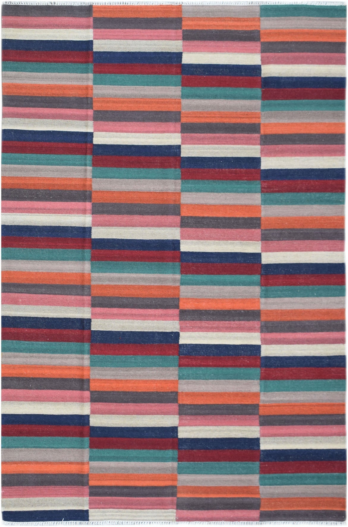 Handwoven Afghan Maimana kilim rug featuring a vibrant, multi-colored striped geometric pattern.