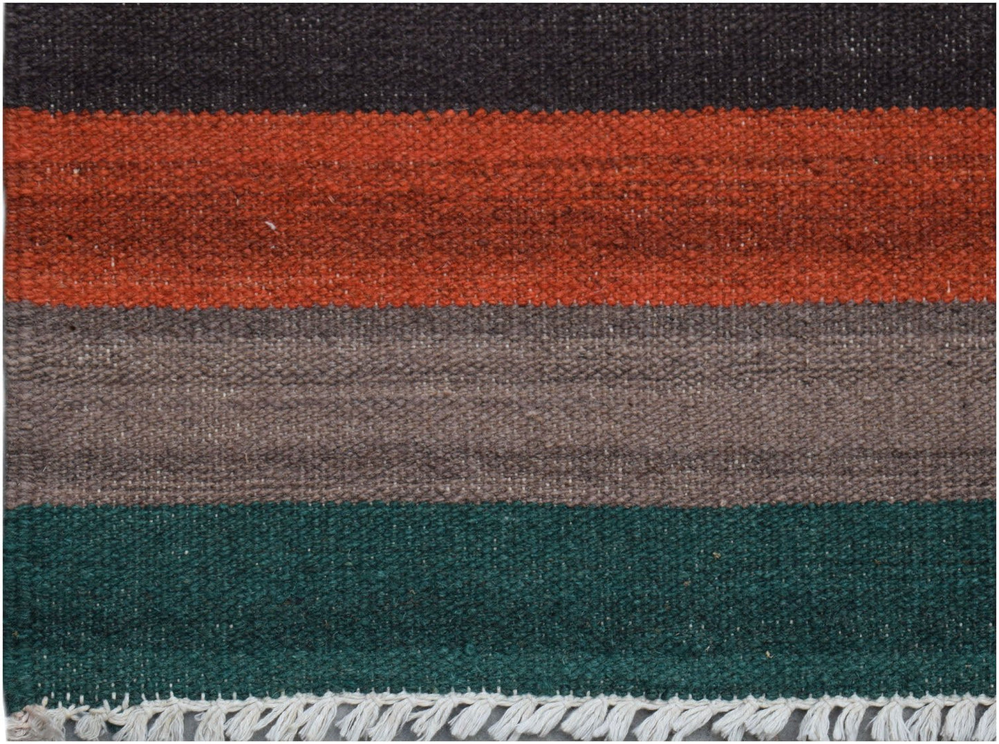 Handwoven Afghan Maimana kilim rug featuring horizontal stripes in black, orange, grey, and green.