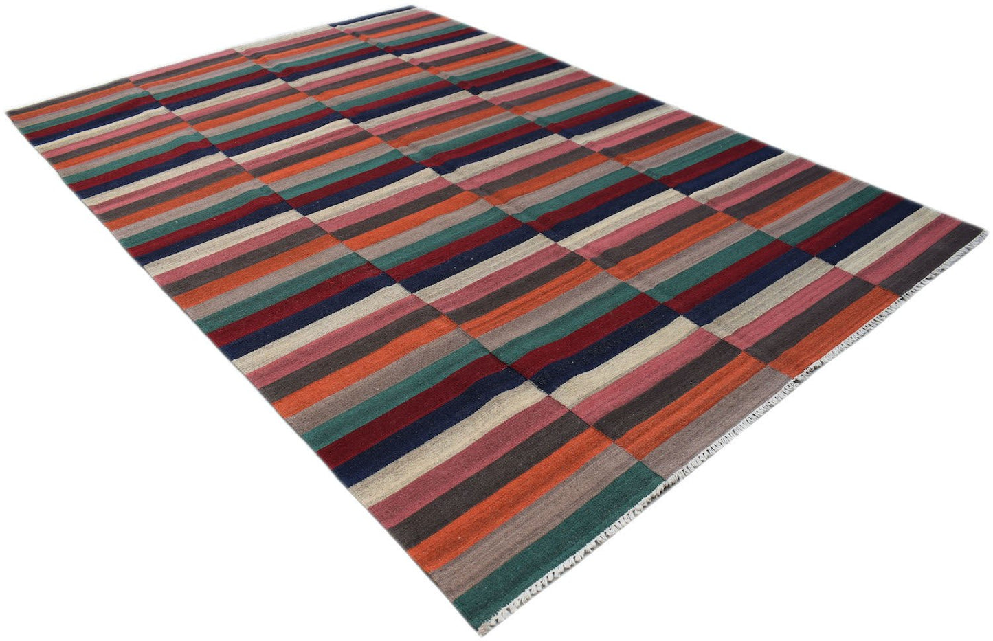 A rectangular handmade Afghan Maimana kilim rug featuring a vibrant multi-colored striped pattern.