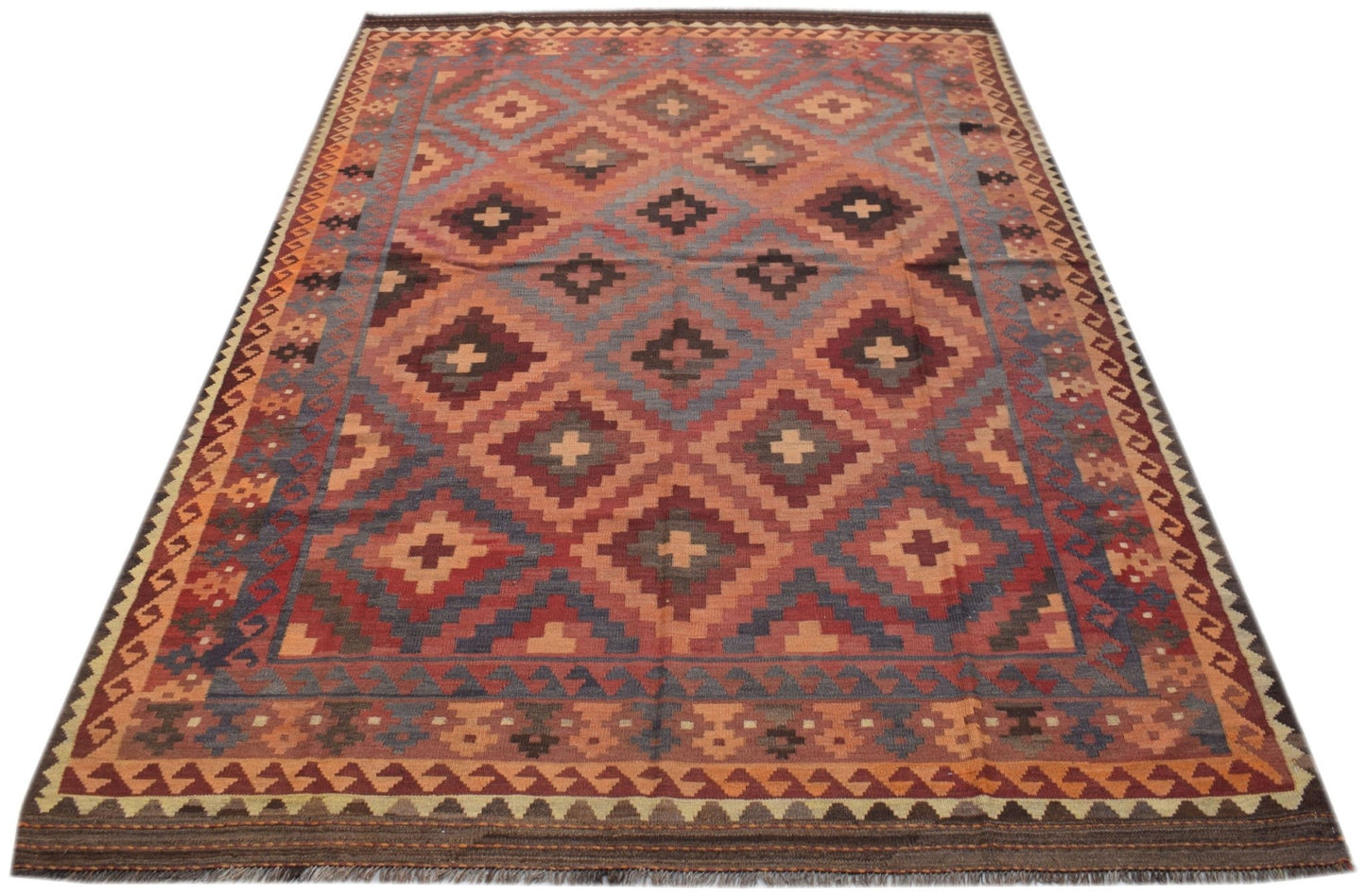 Handwoven Afghan Maimana kilim rug featuring a geometric diamond pattern in warm earth tones.