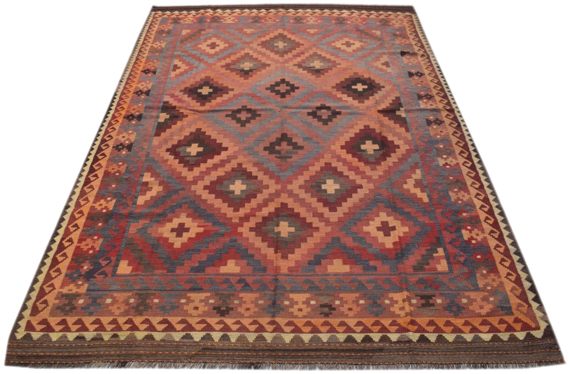 Handwoven Afghan Maimana kilim rug featuring a geometric diamond pattern in warm earth tones.