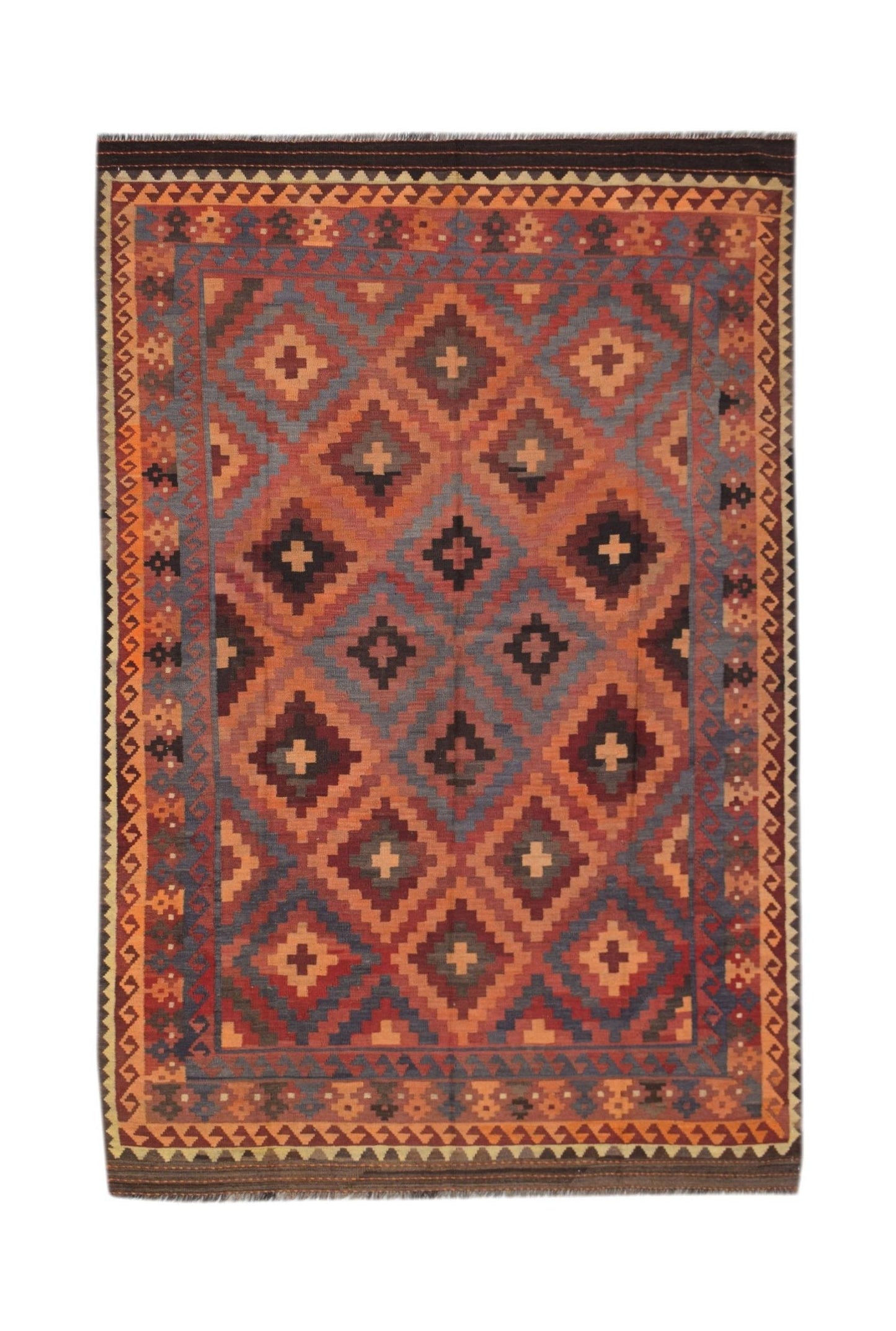 Handwoven Afghan Maimana kilim rug featuring a geometric diamond pattern in warm earth tones.