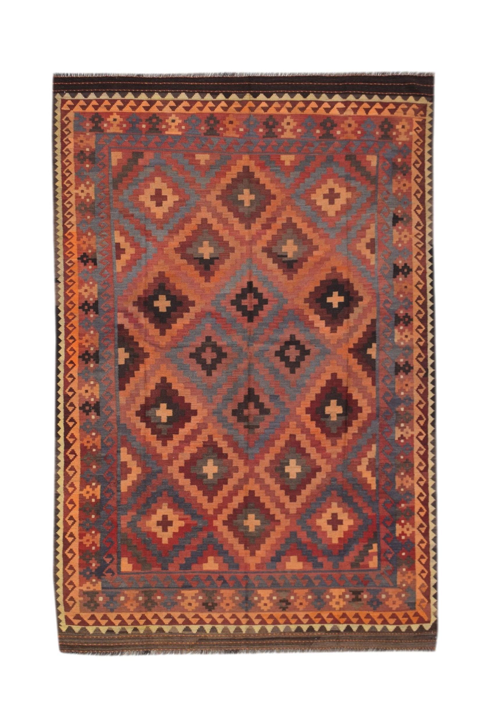 Handwoven Afghan Maimana kilim rug featuring a geometric diamond pattern in warm earth tones.
