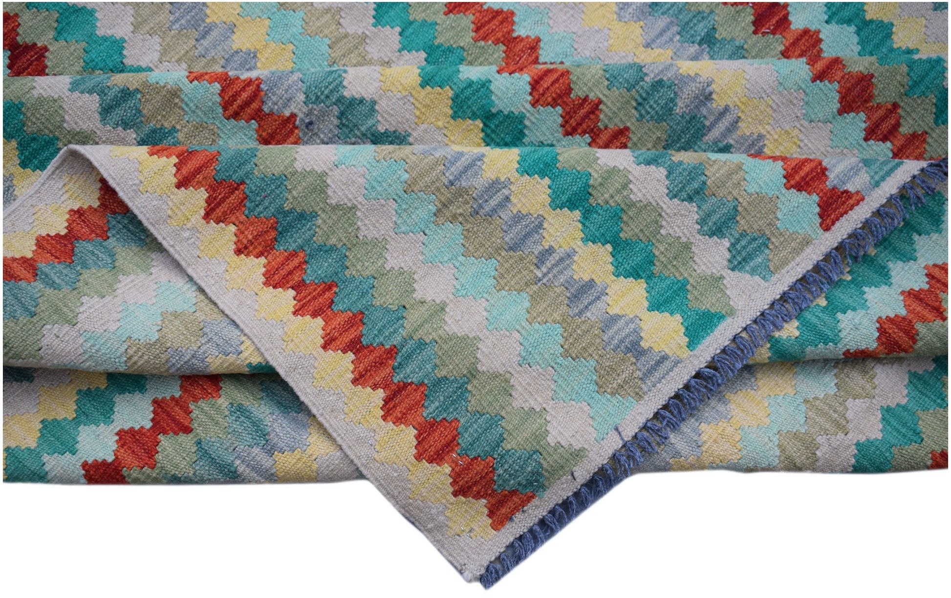Handwoven Afghan Maimana kilim rug featuring a colorful geometric pattern in wool.