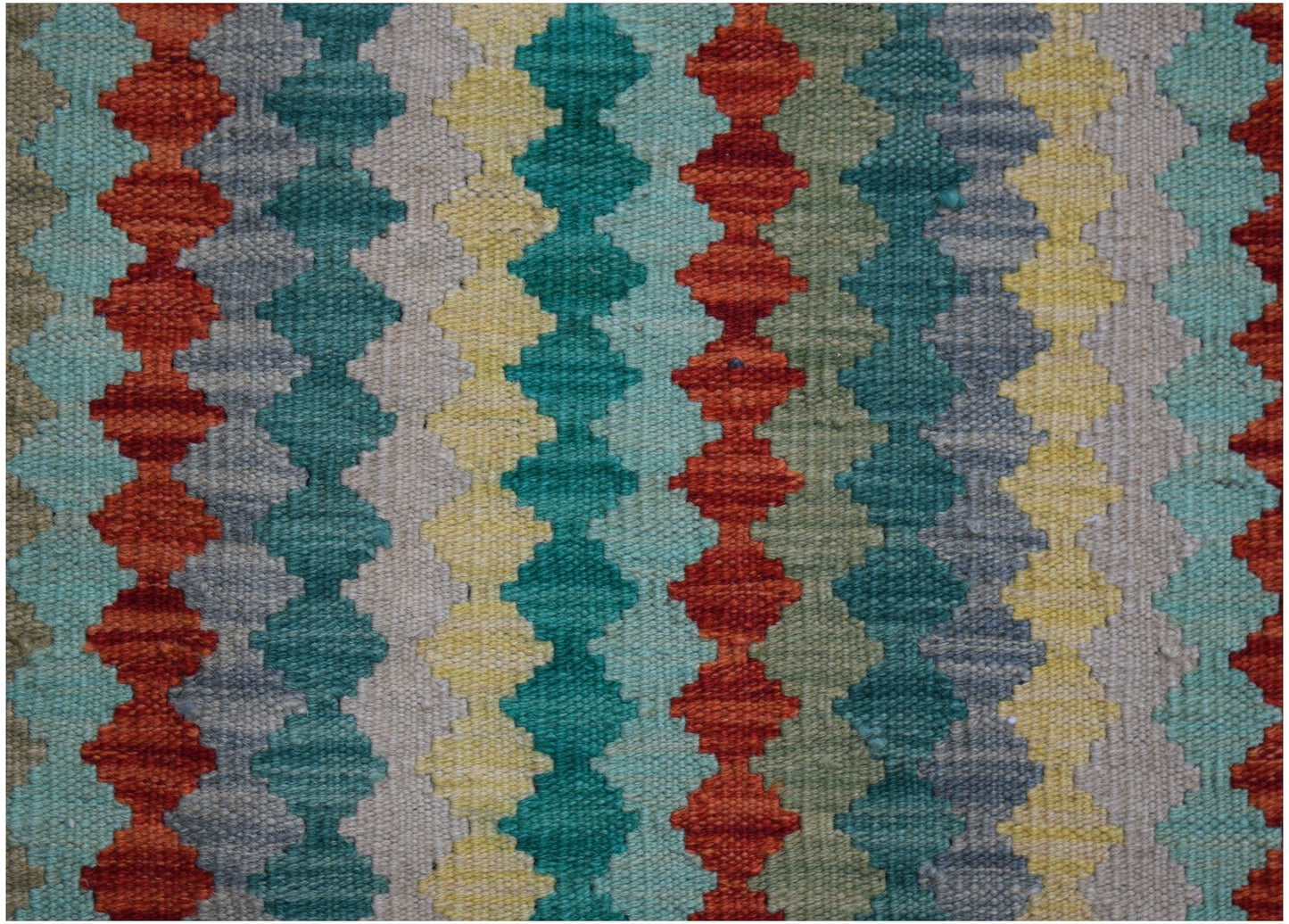 Handwoven Afghan Maimana kilim rug featuring a vibrant geometric pattern of vertical stripes.