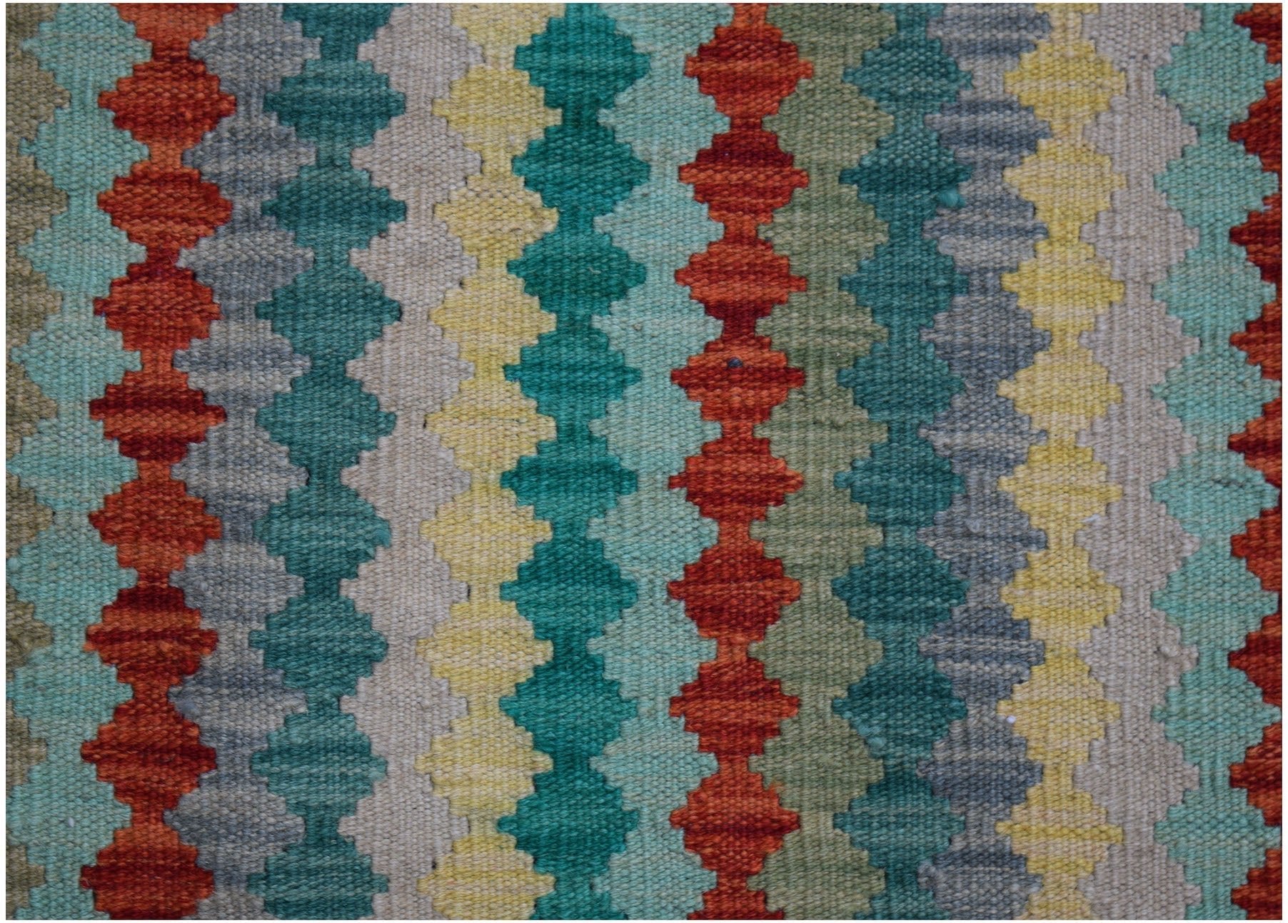 Handwoven Afghan Maimana kilim rug featuring a vibrant geometric pattern of vertical stripes.