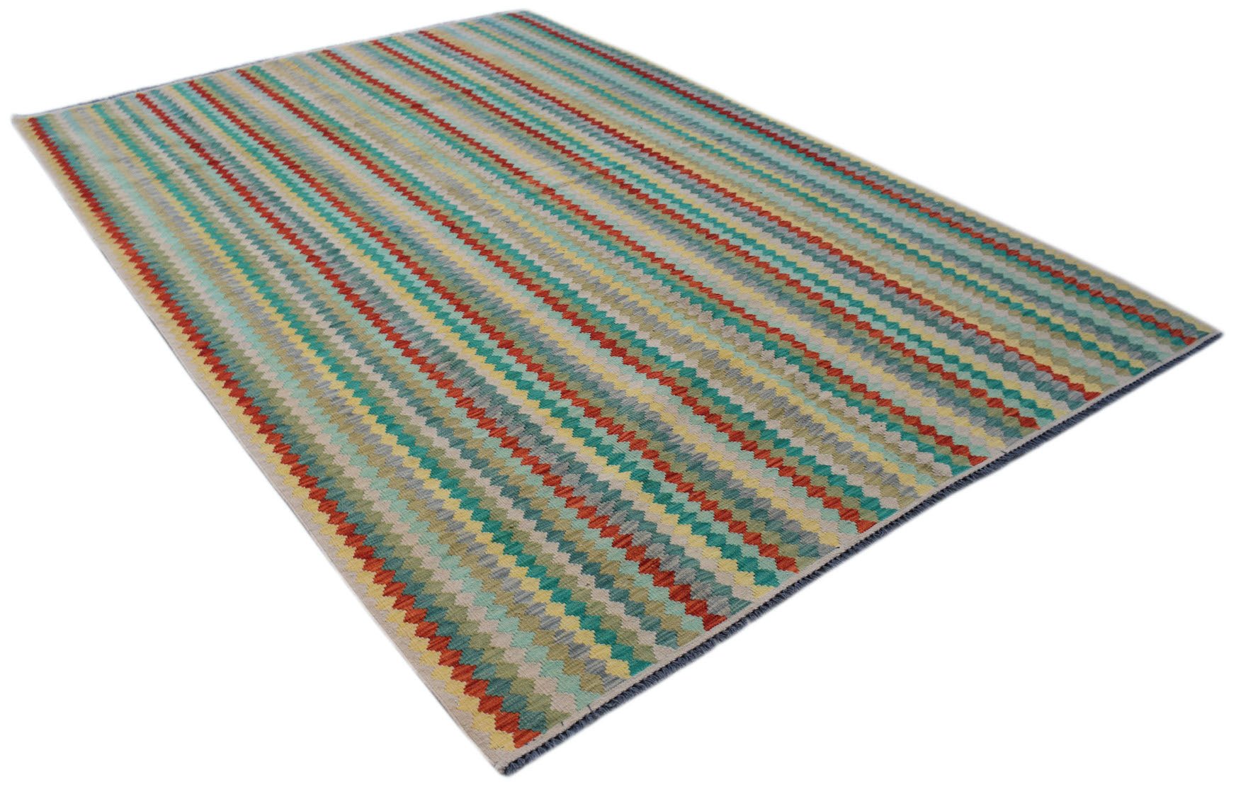 Handwoven Afghan Maimana kilim rug featuring a vibrant geometric pattern of multicolored stripes.