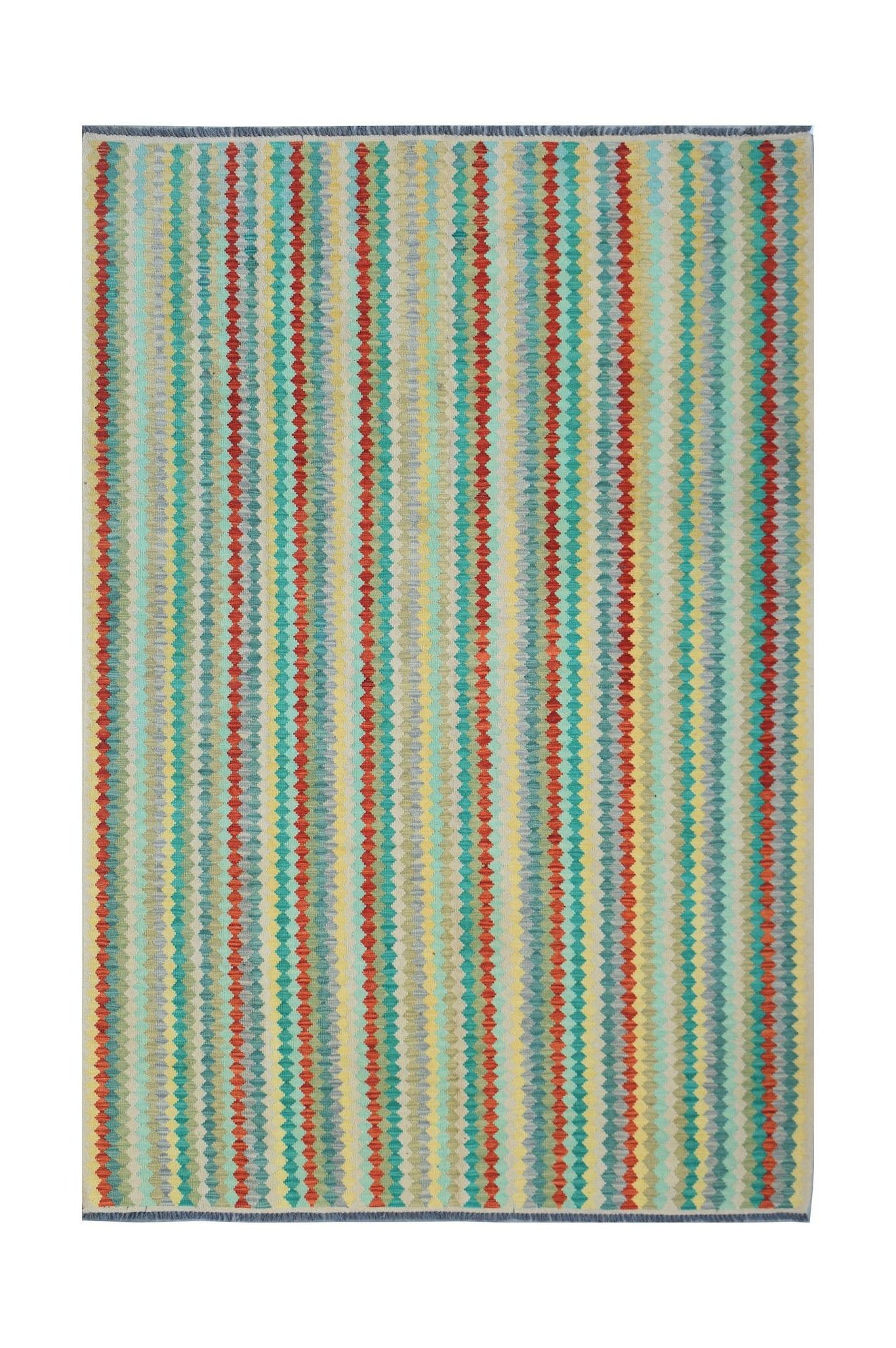 Handwoven Afghan Maimana kilim rug featuring a vibrant, multicolored vertical diamond pattern.