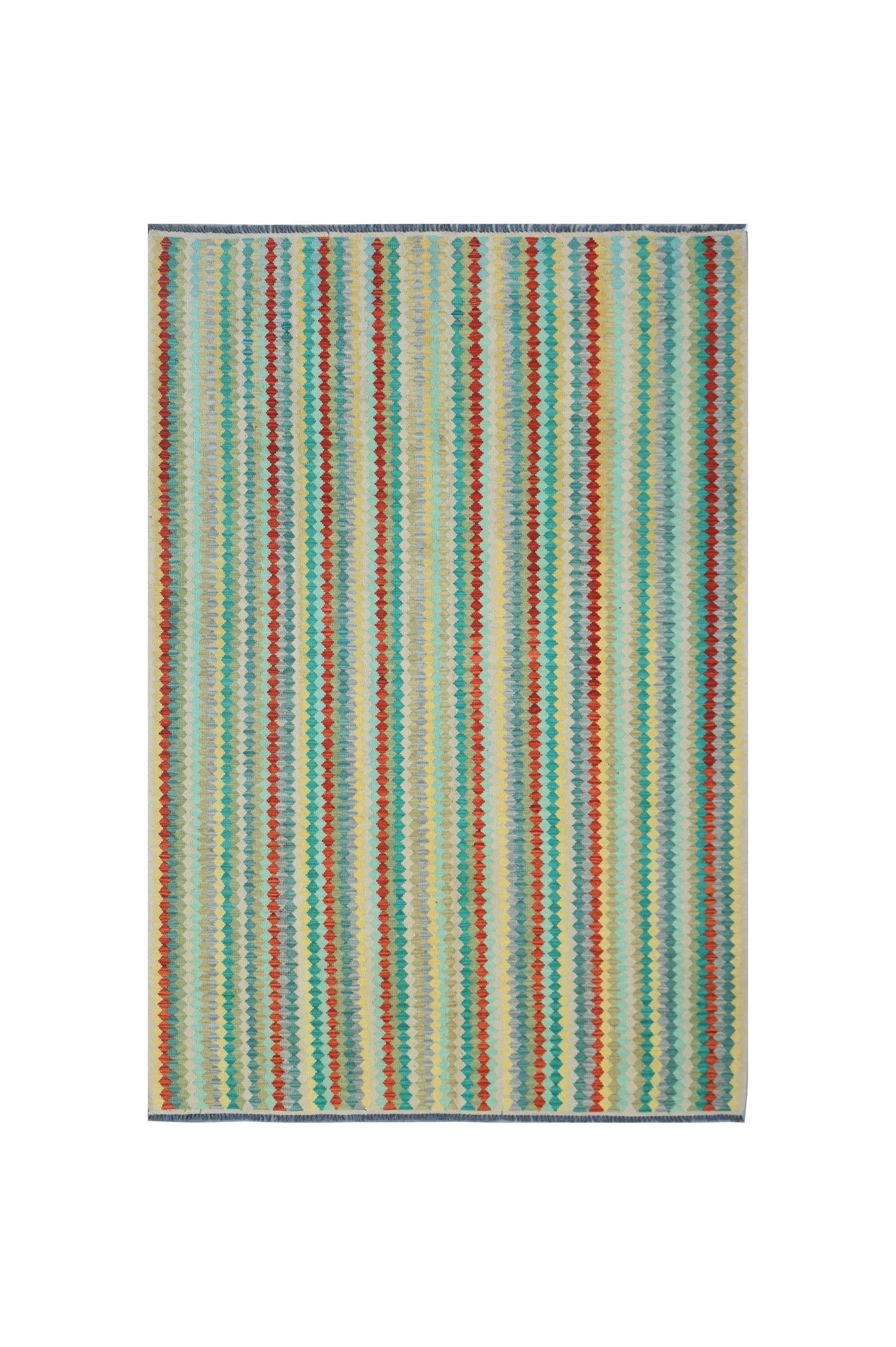 Handwoven Afghan Maimana kilim rug featuring a vibrant, multicolored vertical diamond pattern.