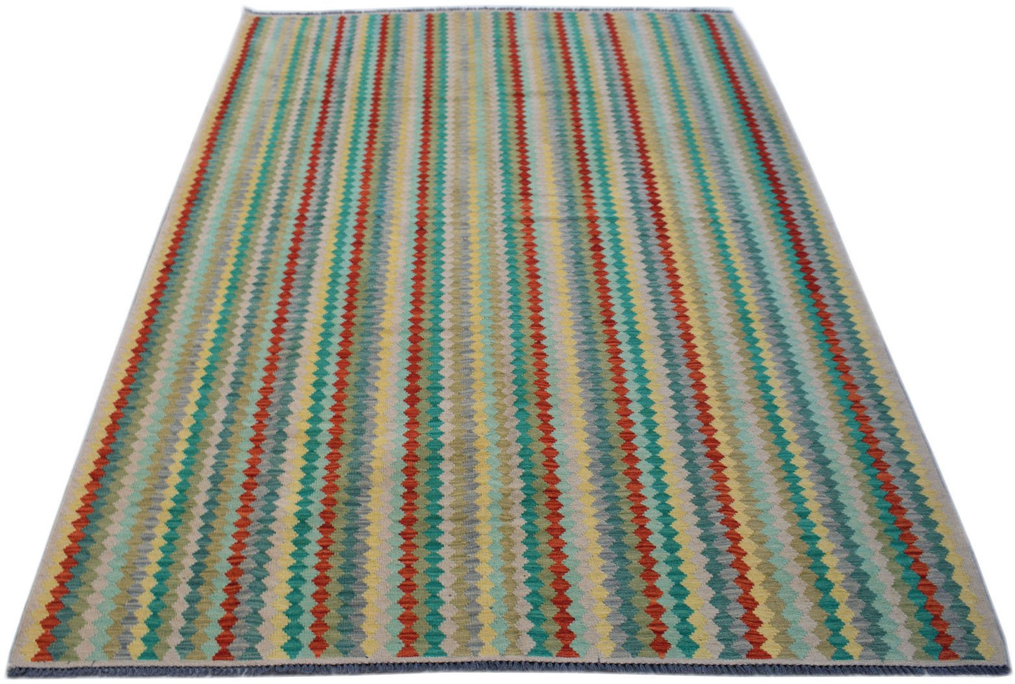 Handwoven Afghan Maimana kilim rug featuring a vibrant, multicolored geometric striped pattern.