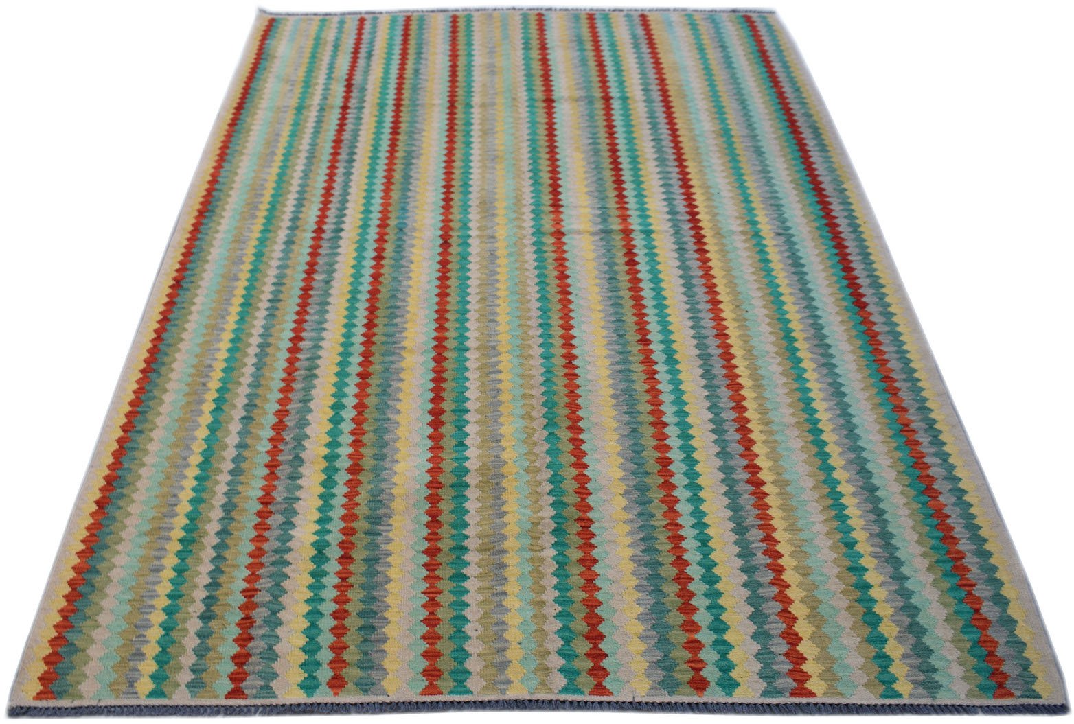 Handwoven Afghan Maimana kilim rug featuring a vibrant, multicolored geometric striped pattern.