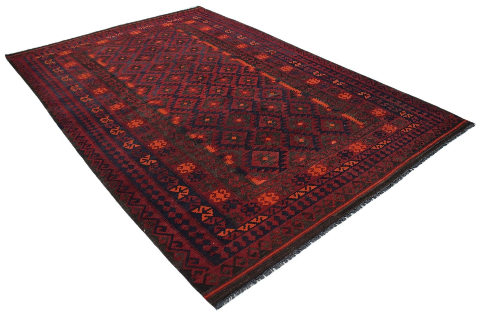 Handwoven Afghan Maimana kilim rug featuring a geometric diamond pattern in red and dark blue.
